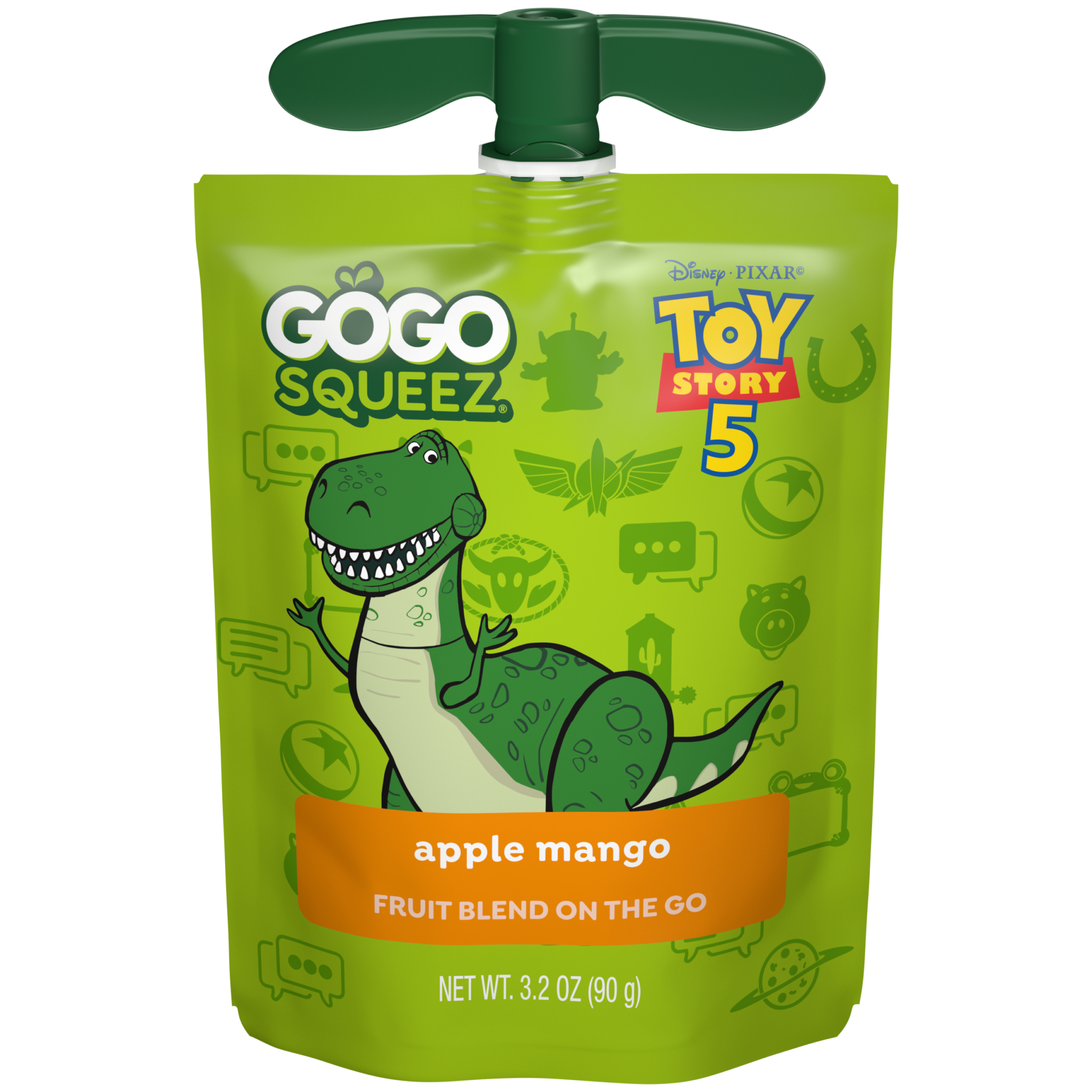 Gogo SqueeZ Toy Story 5 Apple Mango Applesauce & Fruit Puree Pouch Product Image, featuring Rex the Dinosaur