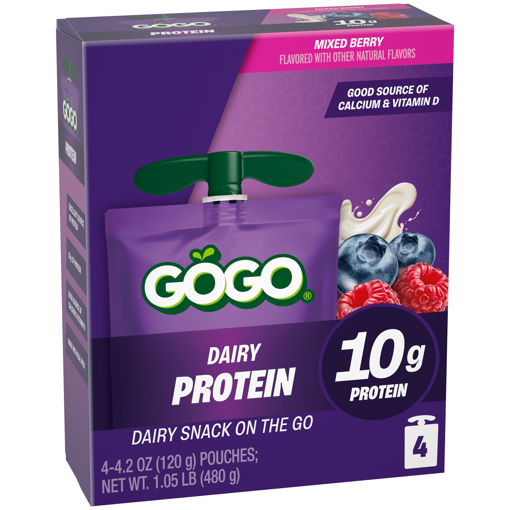 GoGo squeeZ® Dairy Protein Mixed Berry 4 pack Product Box with new logo