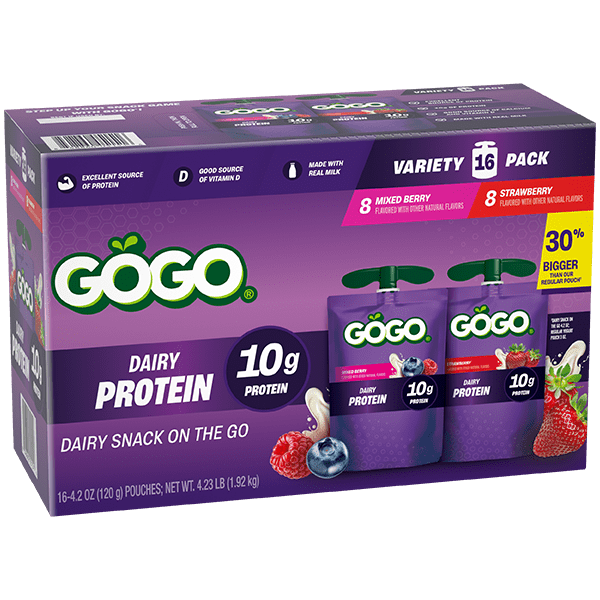 GoGo squeeZ® Dairy Protein Mixed Berry & Strawberry 16 pack Product Box with new logo