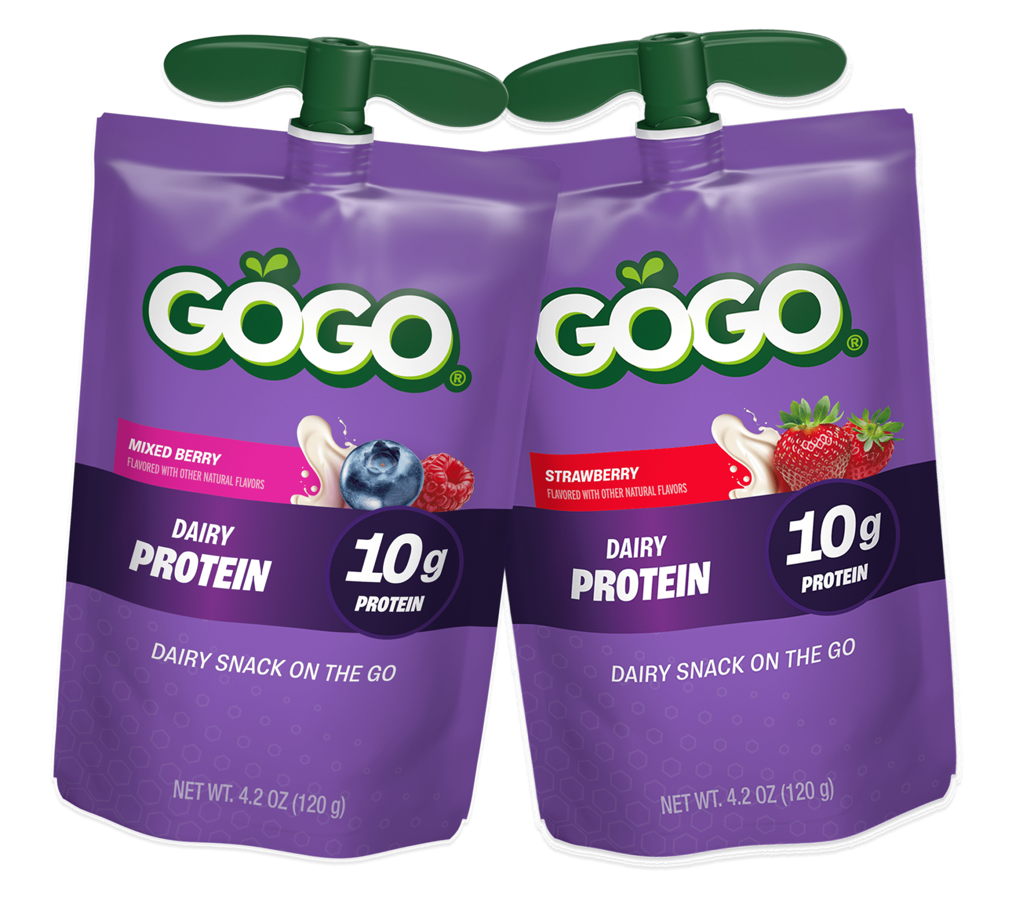 GoGo squeeZ® Pouches Dairy Protein Mixed Berry and Strawberry Flavor with new logo