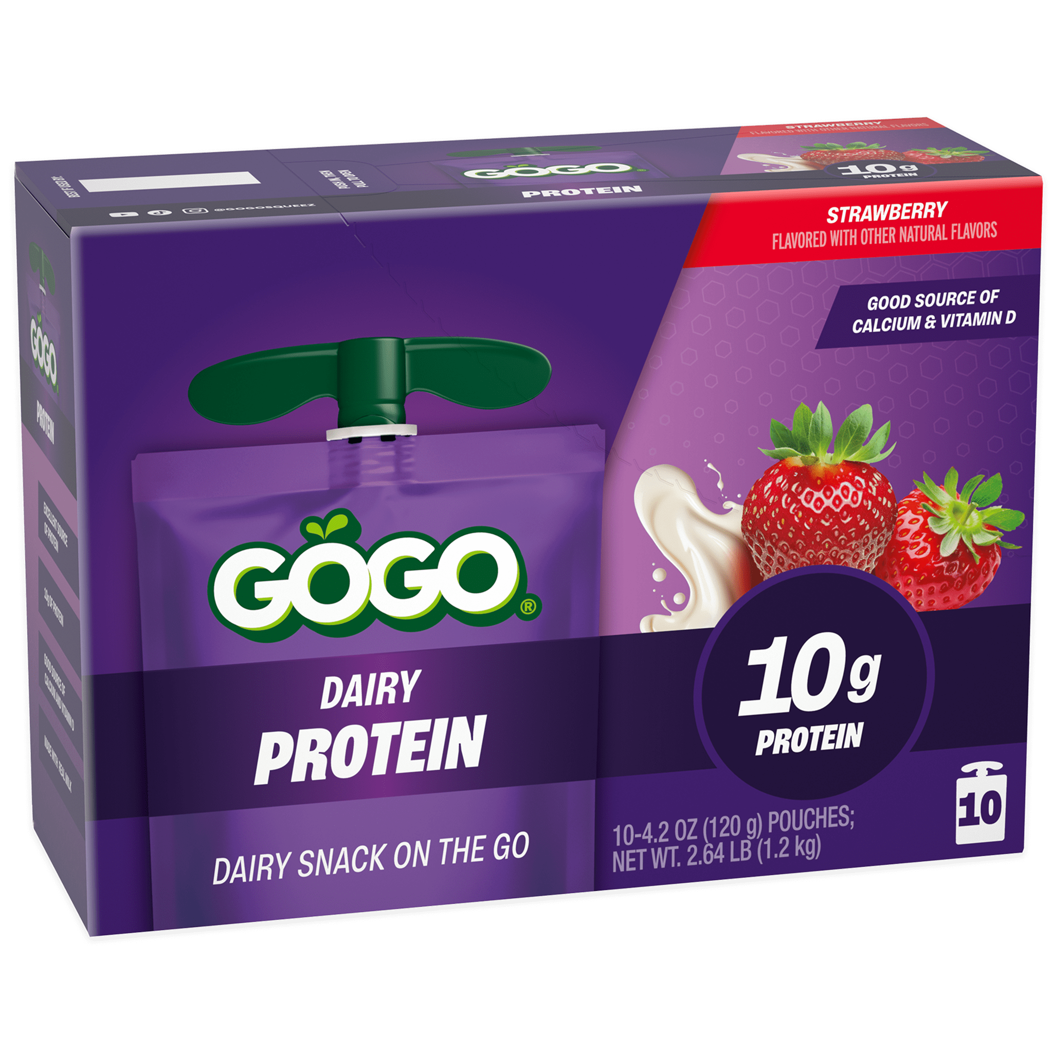 GoGo squeeZ® Dairy Protein Strawberry 10 pack Product Box with new logo