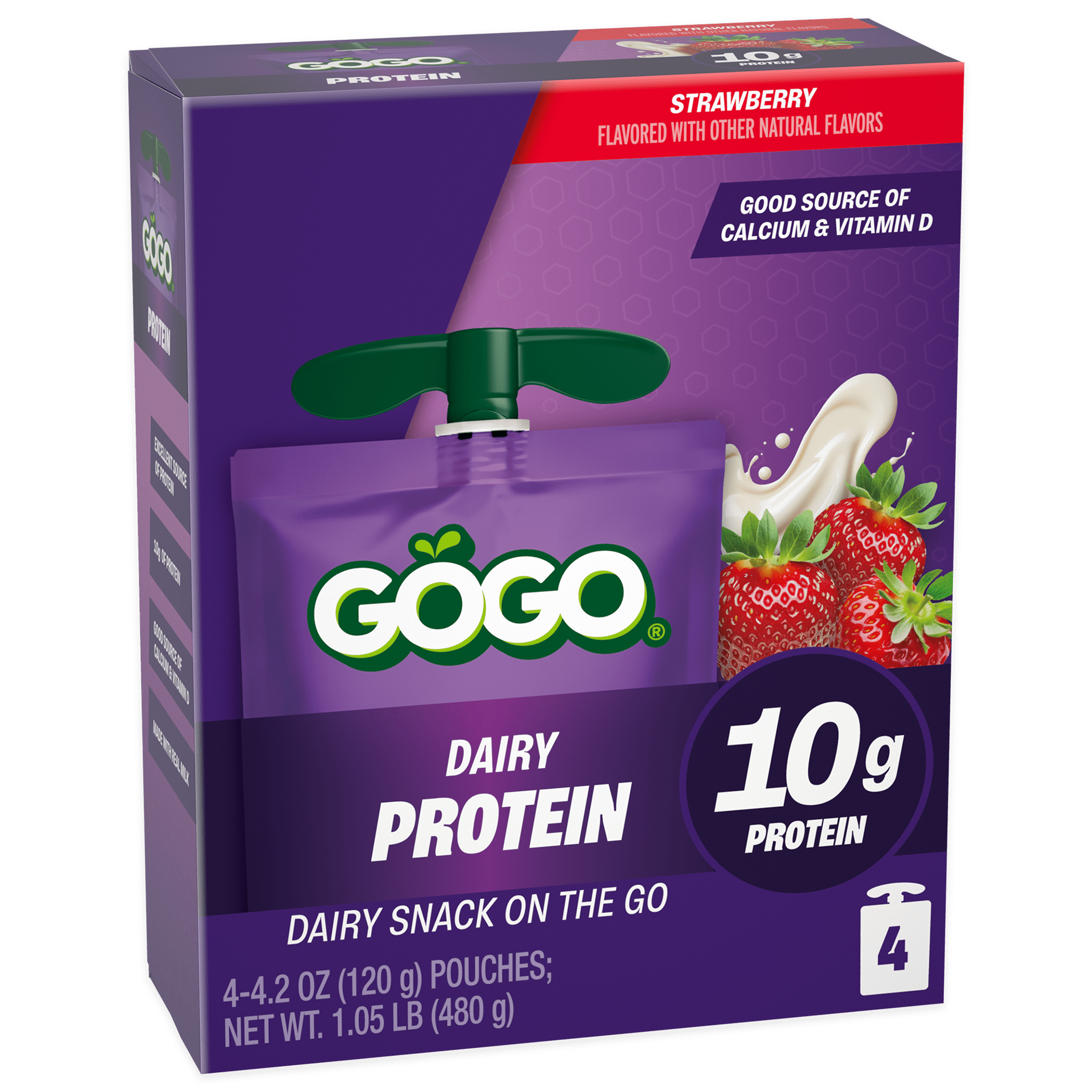 GoGo squeeZ® Dairy Protein Strawberry 4 pack Product Box with new logo