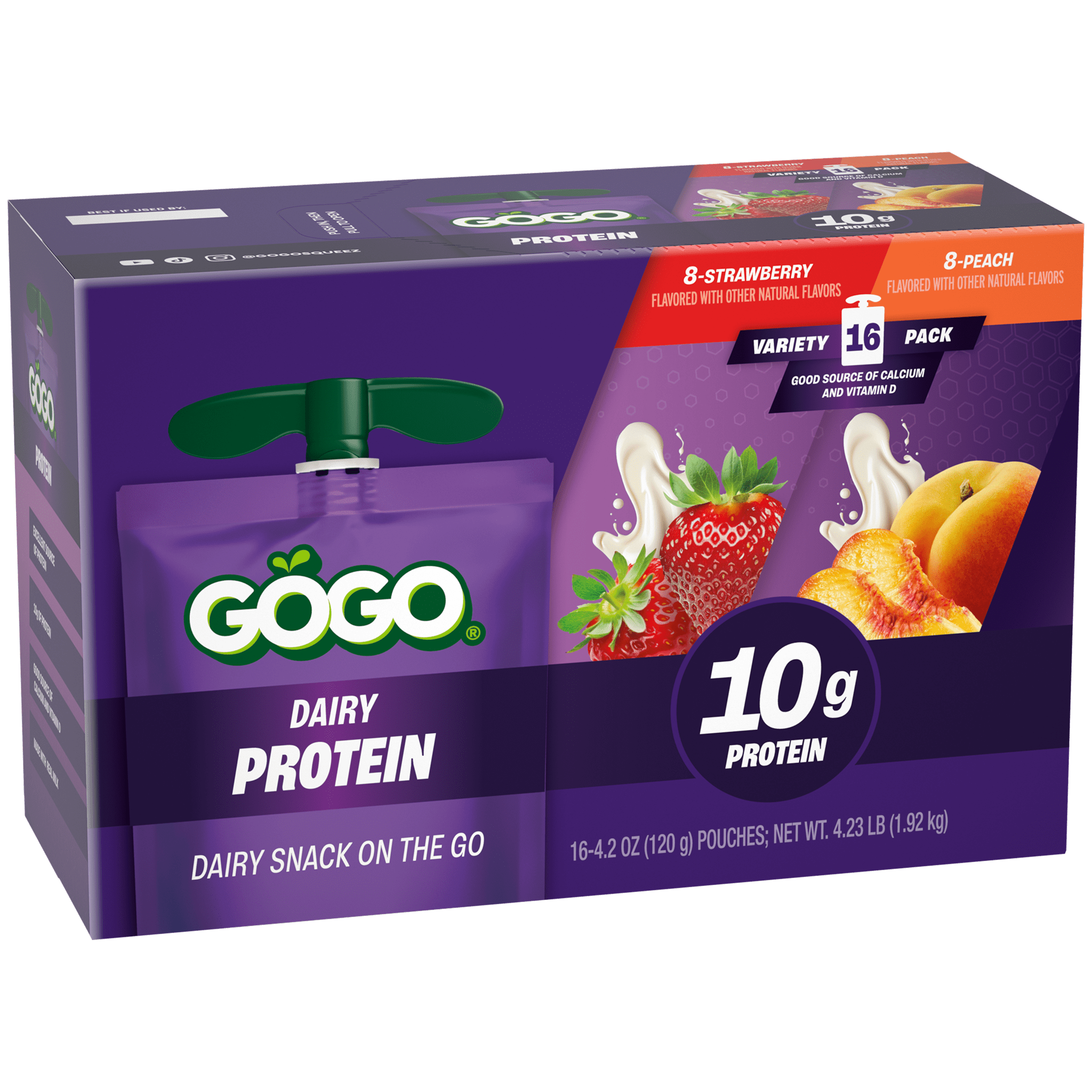 GoGo squeeZ® Dairy Protein Strawberry & Peach 16 pack Product Box with new logo