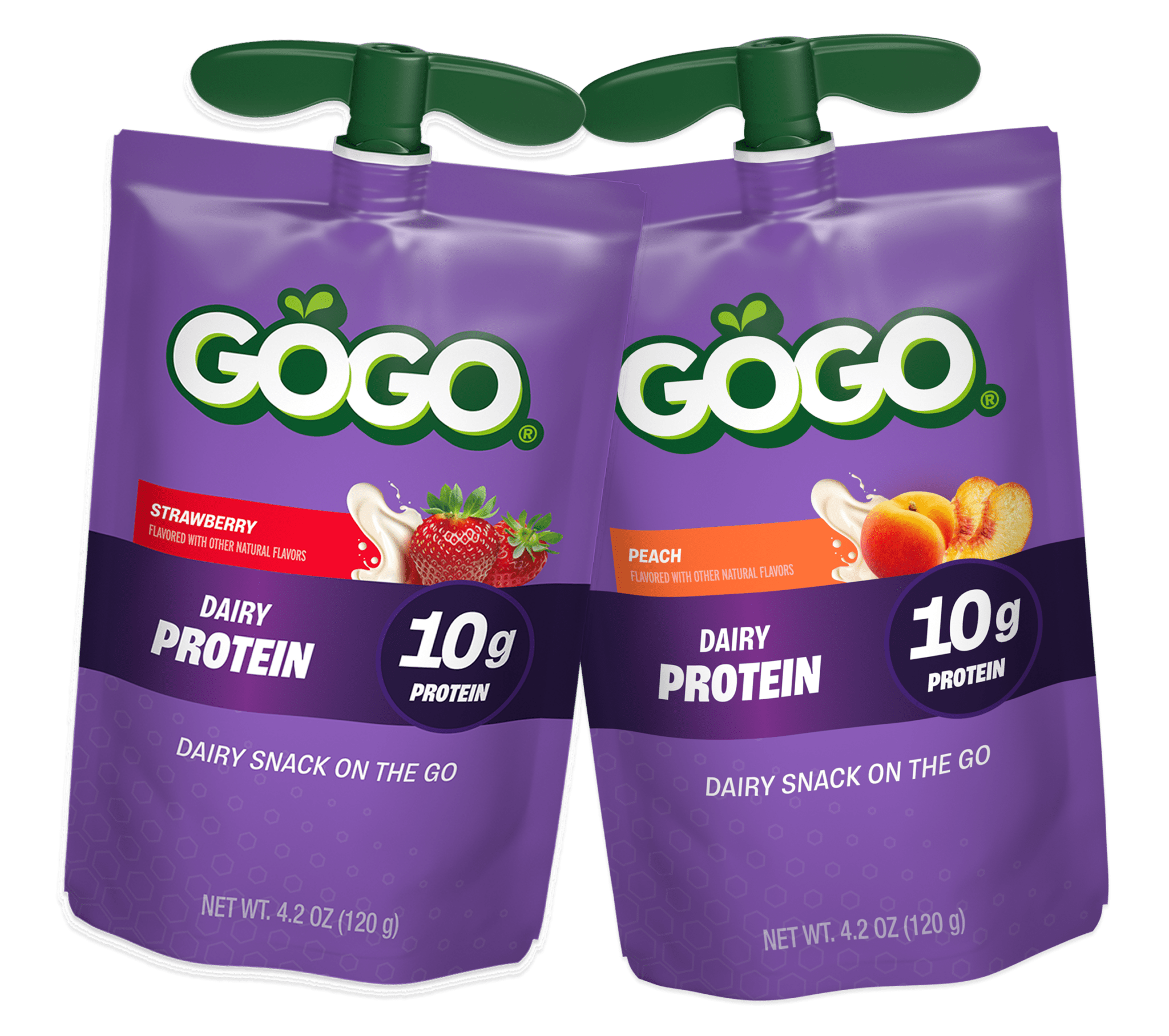 GoGo squeeZ® Pouches Dairy Protein Strawberry and Peach Flavor with new logo