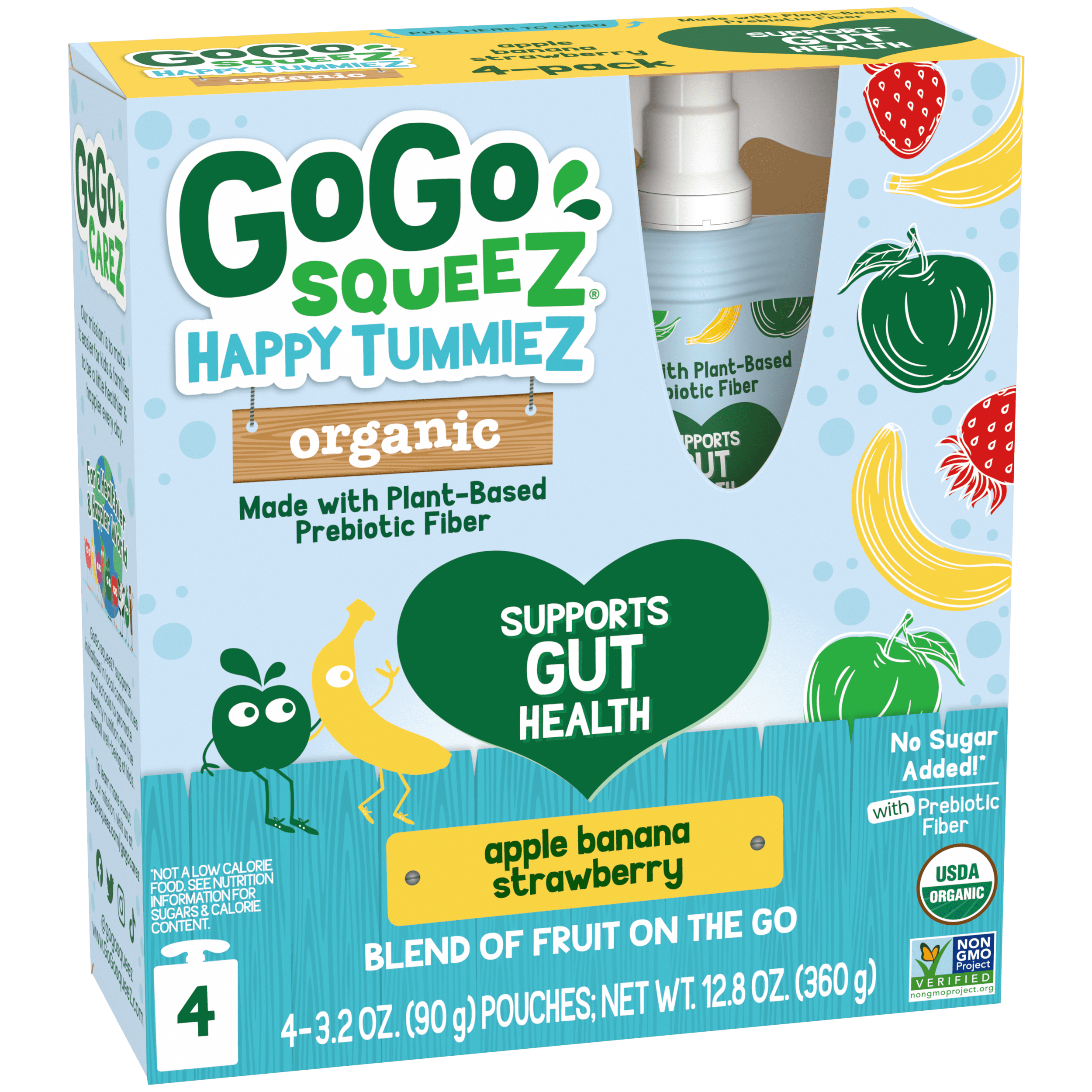 Gogo Squeez Pouches Happy tummieZ Organic Apple Banana Strawberry 4 pack Product Box