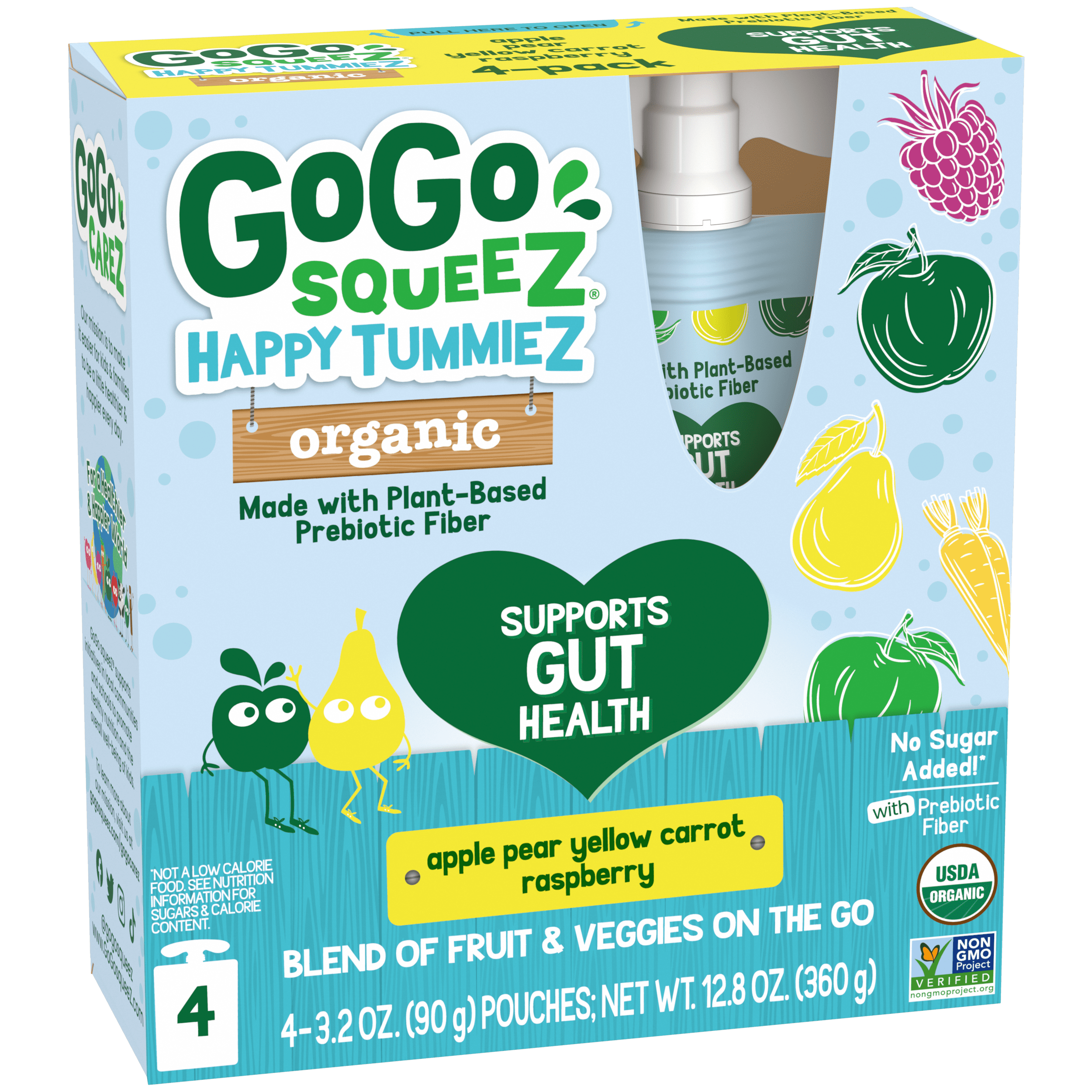 Gogo Squeez Pouches Happy tummieZ Organic Apple Pear Yellow Carrot with Raspberry 4 pack Product Box