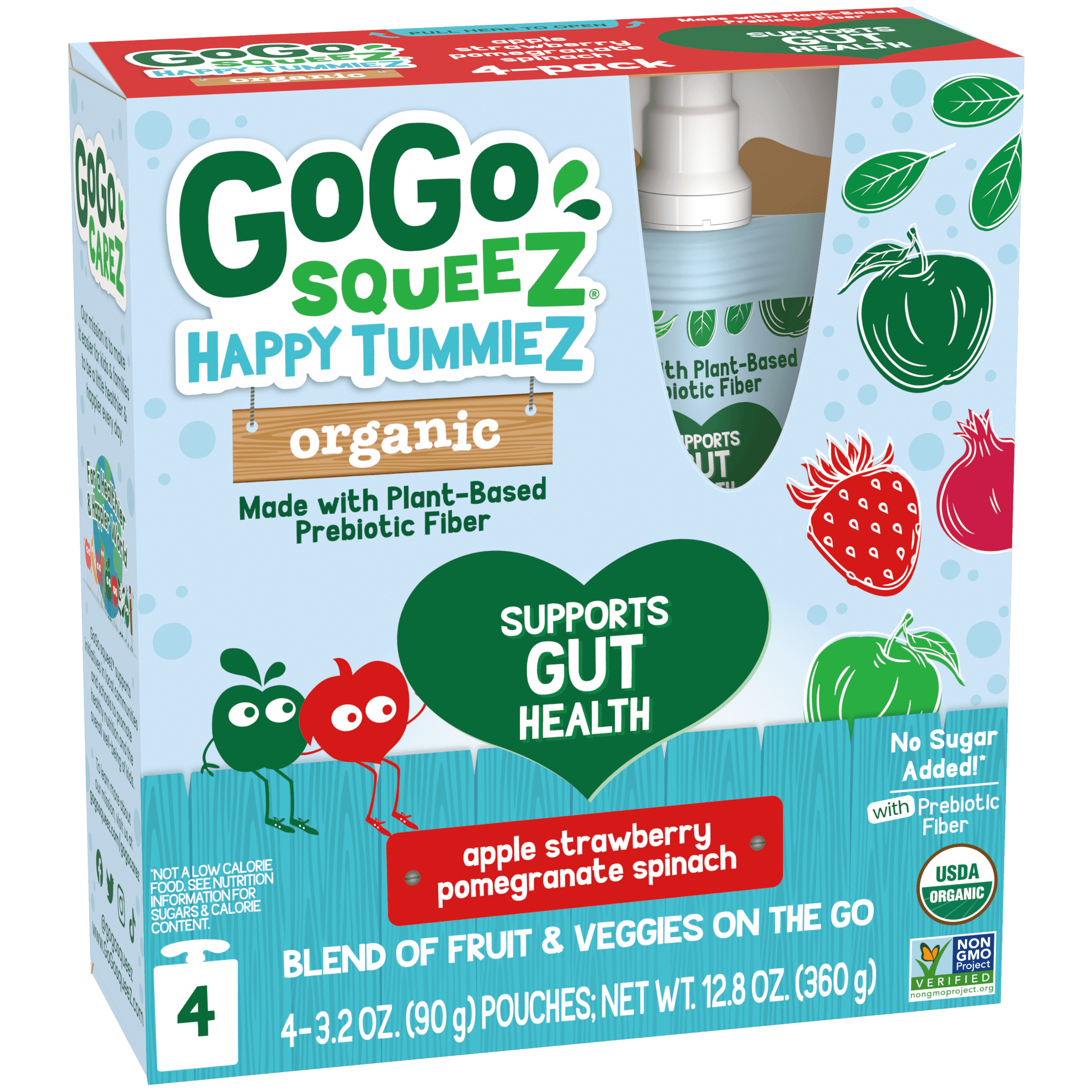 Gogo Squeez Pouches Happy tummieZ Organic Apple Strawberry Pomegranate Spinach 4 pack Product Box
