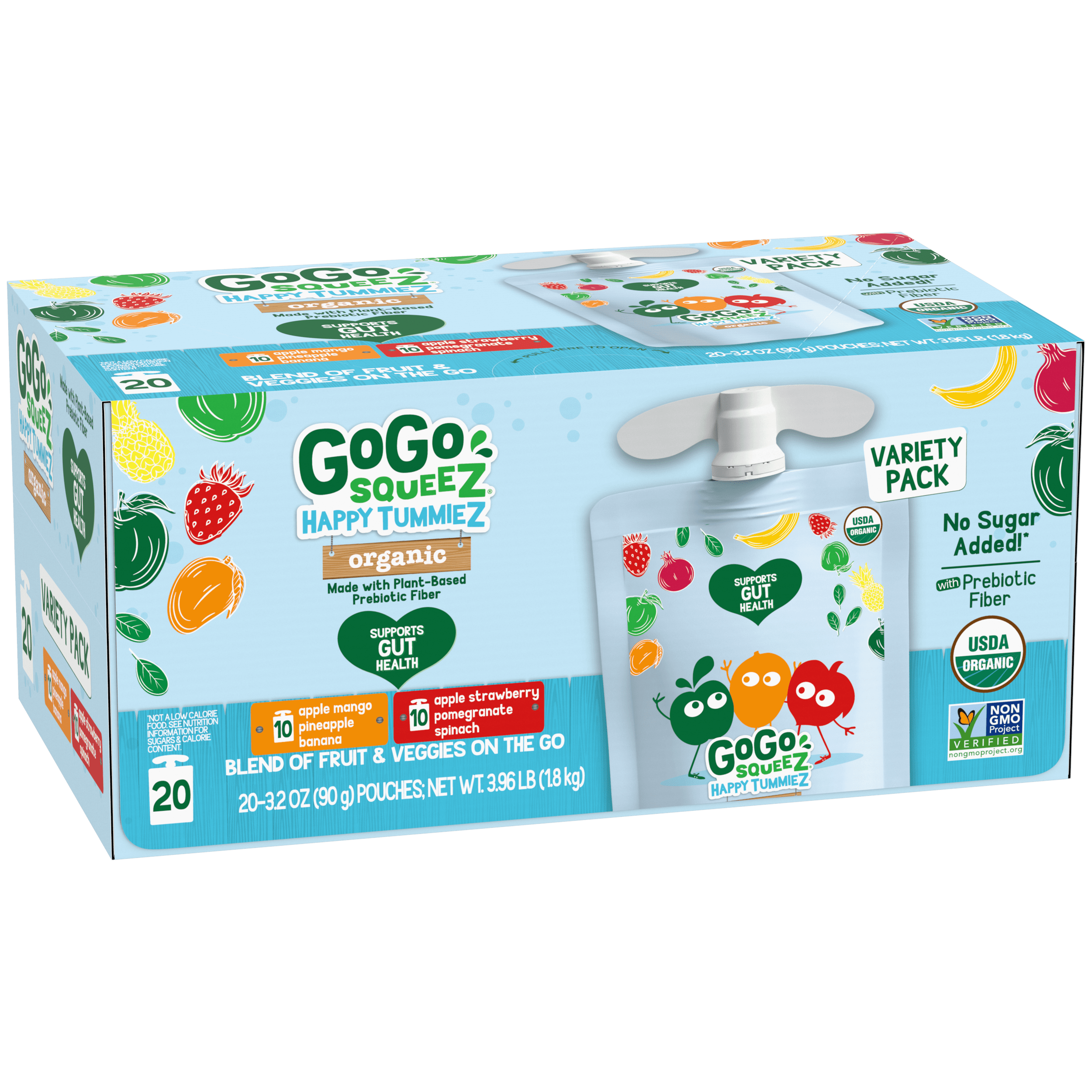 Gogo Squeez Pouches Happy tummieZ Organic Apple Mango Pineapple Banana; Apple Strawberry Pomegranate Spinach 20 Pack Variety Pack Box