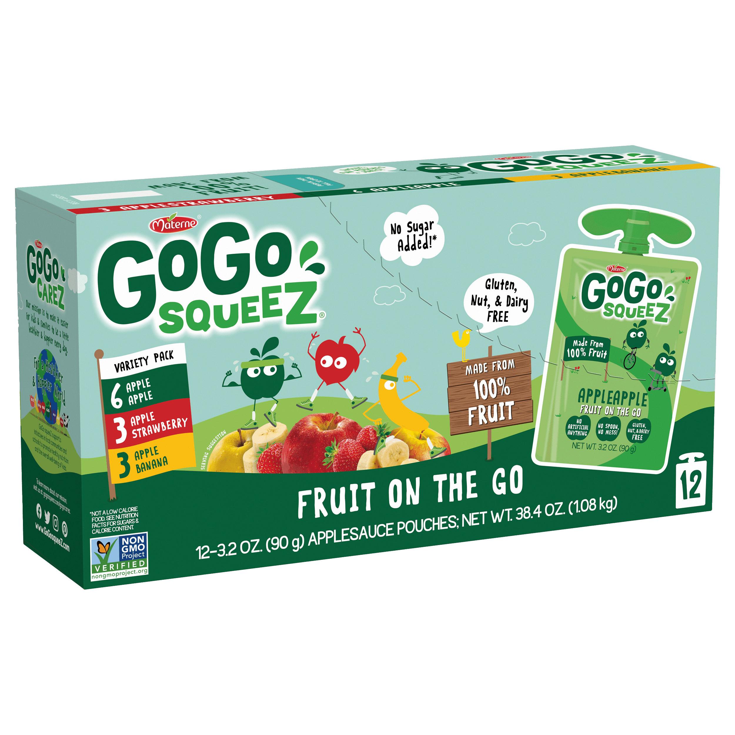 Gogo Squeez Pouches Fruit Blend Snack Apple Apple, Apple Strawberry & Apple Banana 12 pack Variety Pack Box