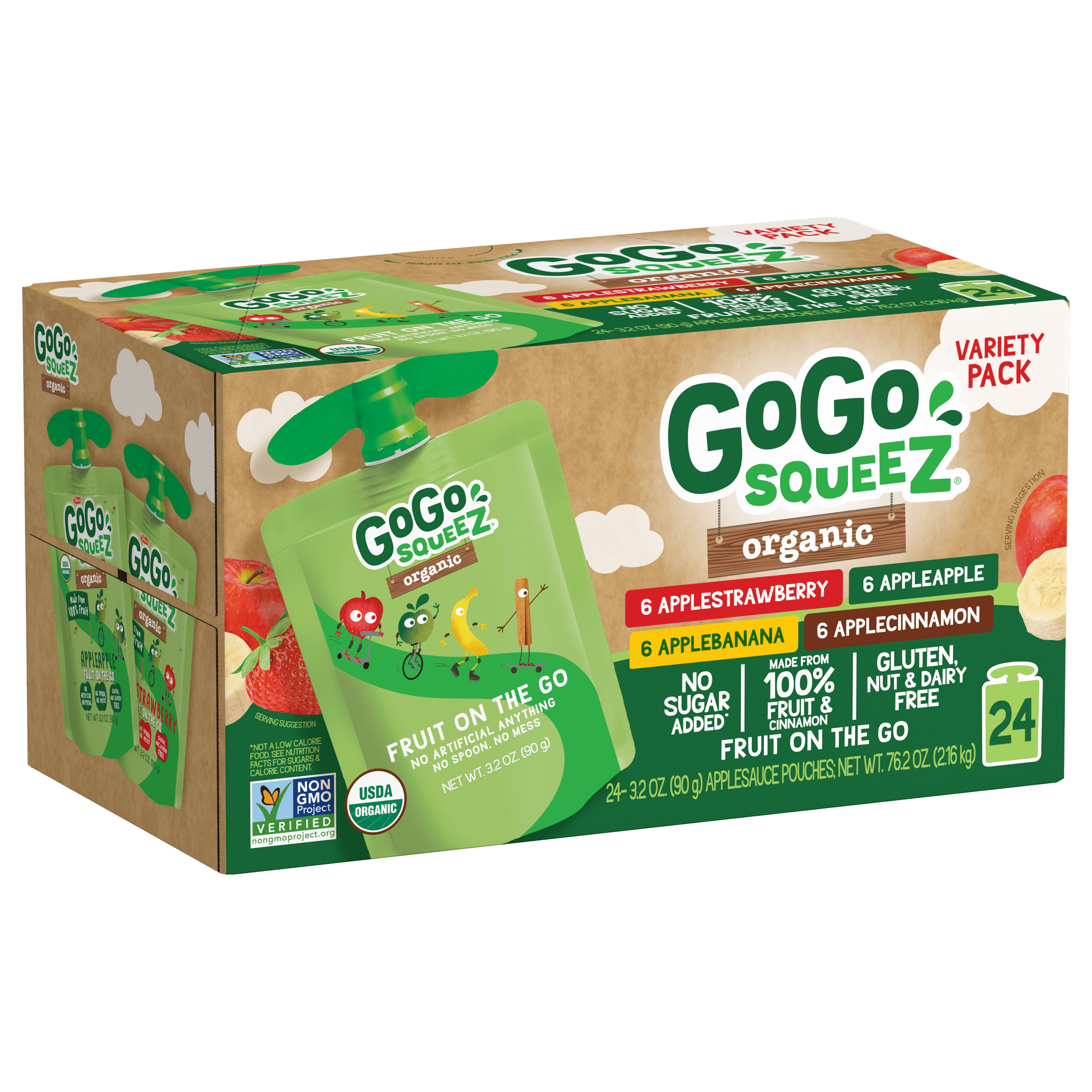 Gogo Squeez Pouches Fruit Blend Snack Organic Apple Apple, Apple Cinnamon, Apple Banana, Apple Strawberry 24 Pack Variety Pack Box