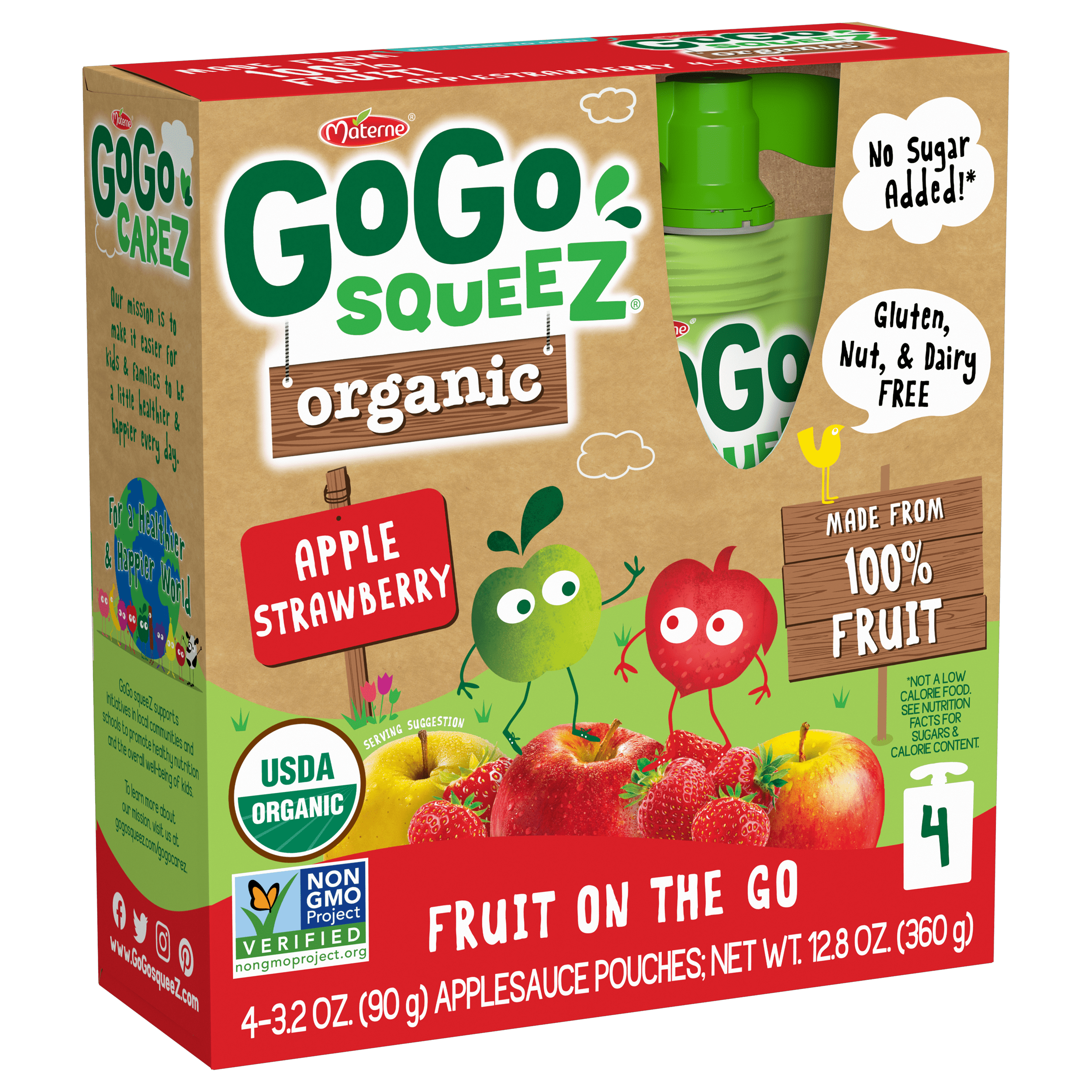 Gogo Squeez Pouches Fruit Blend Snack Organic Apple Strawberry 4 pack Product Box