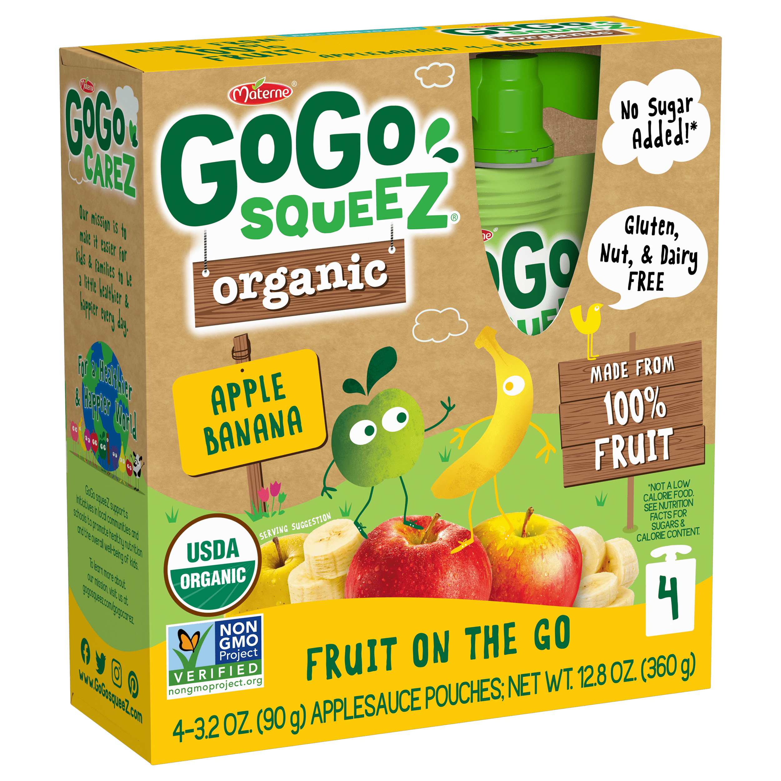 Gogo Squeez Pouches Fruit Blend Snack Organic Apple Banana 4 pack Product Box