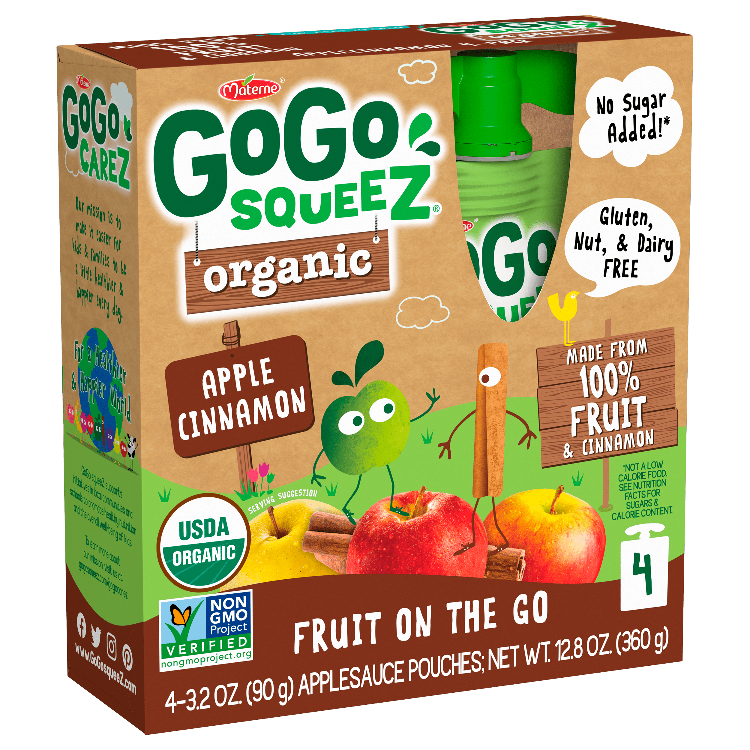 Gogo Squeez Pouches Fruit Blend Snack Organic Apple Cinnamon 4 pack Product Box
