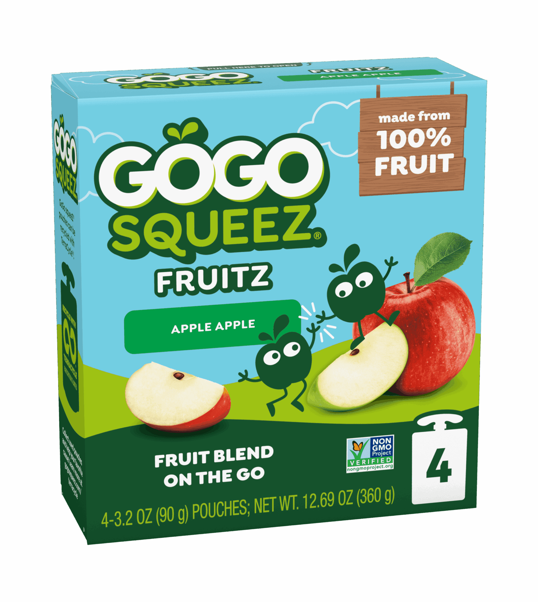 Gogo Squeez Pouches Fruit Blend Snack Apple Apple Applesauce 4 pack Product Box with new logo