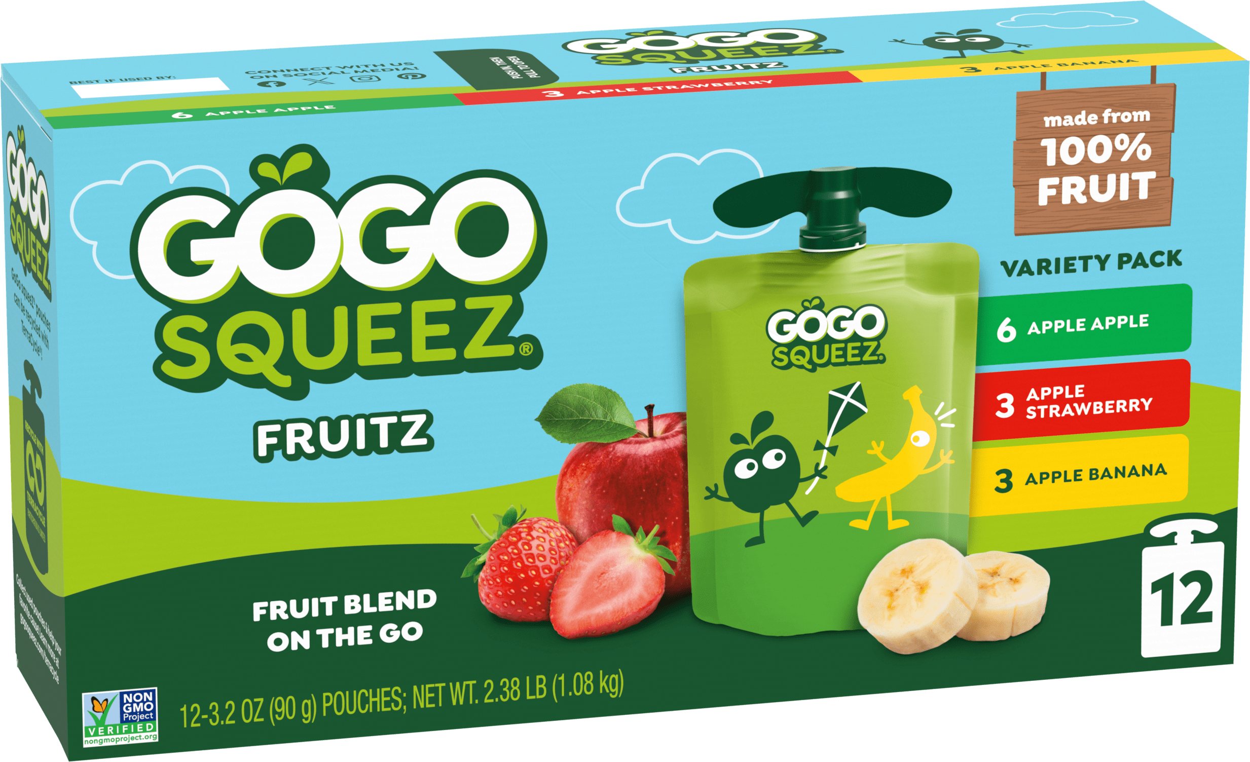 Gogo Squeez Applesauce Pouches Fruit Blend Snack Apple Apple, Apple Strawberry & Apple Banana 12 pack Variety Pack Box with new logo