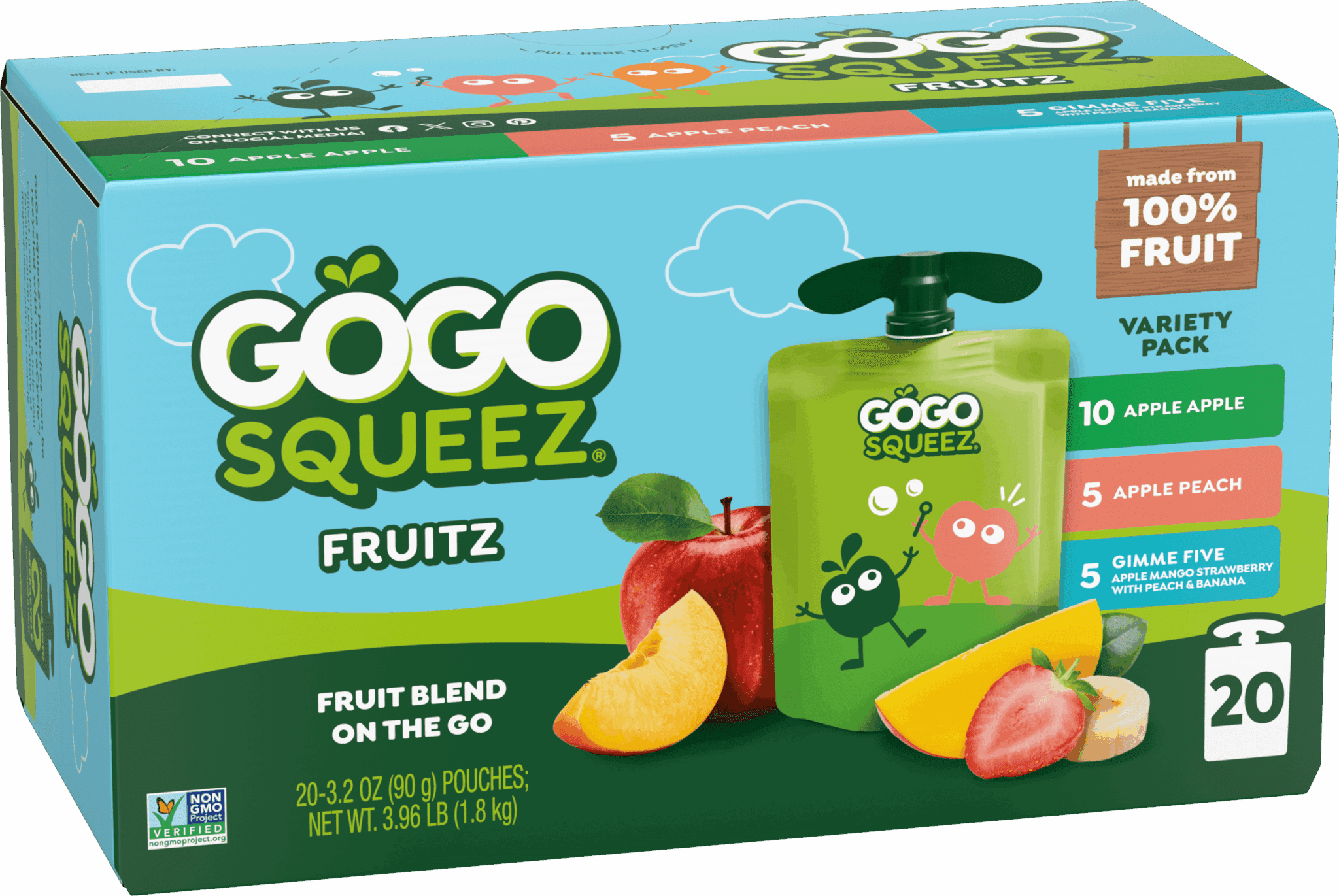 Gogo Squeez Applesauce Pouches Fruit Blend Snack Apple Apple, Apple Peach & Gimme5 20 Pack Variety Pack Box with new logo
