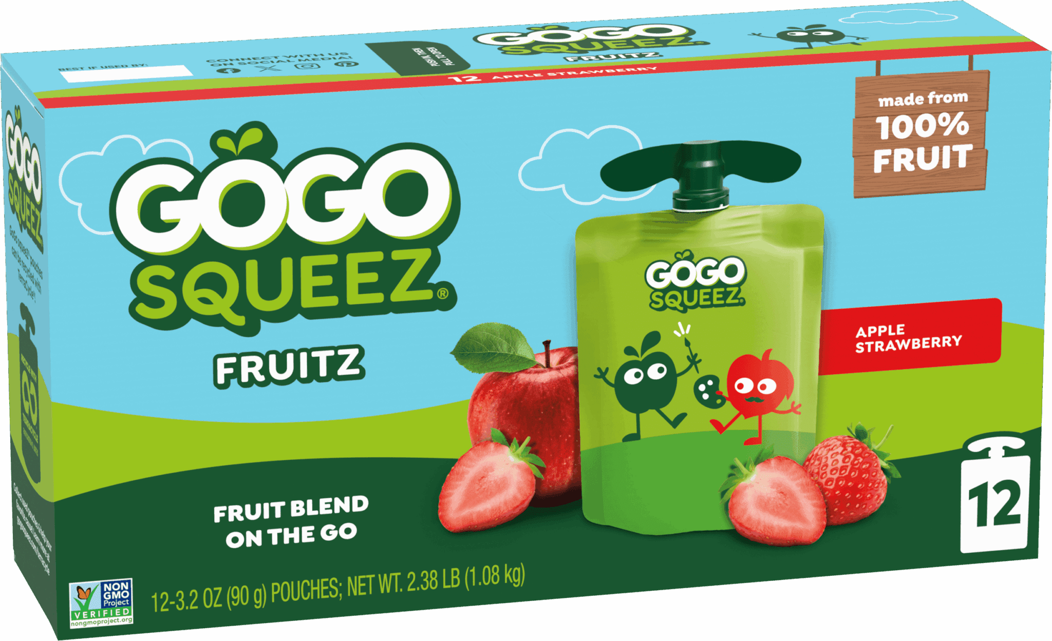 Gogo Squeez Pouches Fruit Blend Snack Apple Strawberry Applesauce 12 pack Product Box with new logo