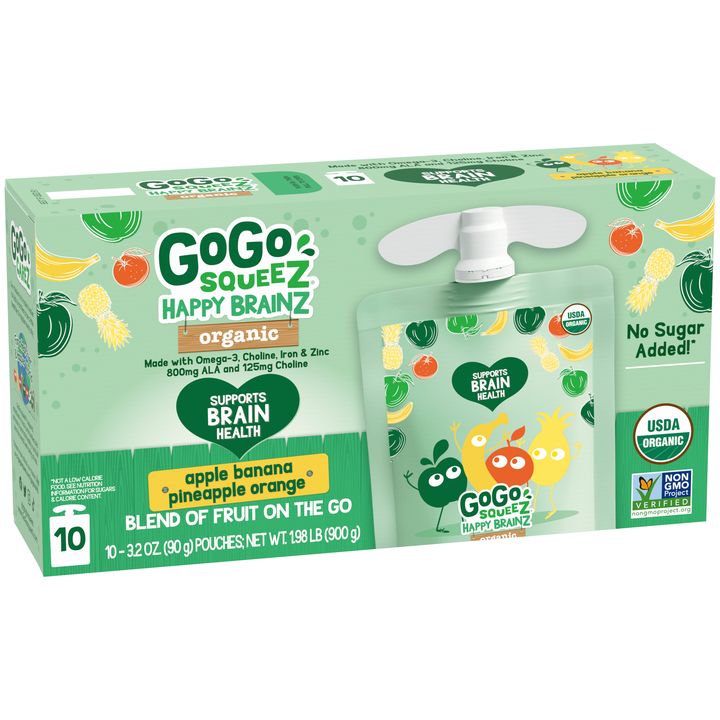 Gogo Squeez Pouches Happy BrainZ Organic Apple Banana Pineapple Orange 10 Pack Product Box