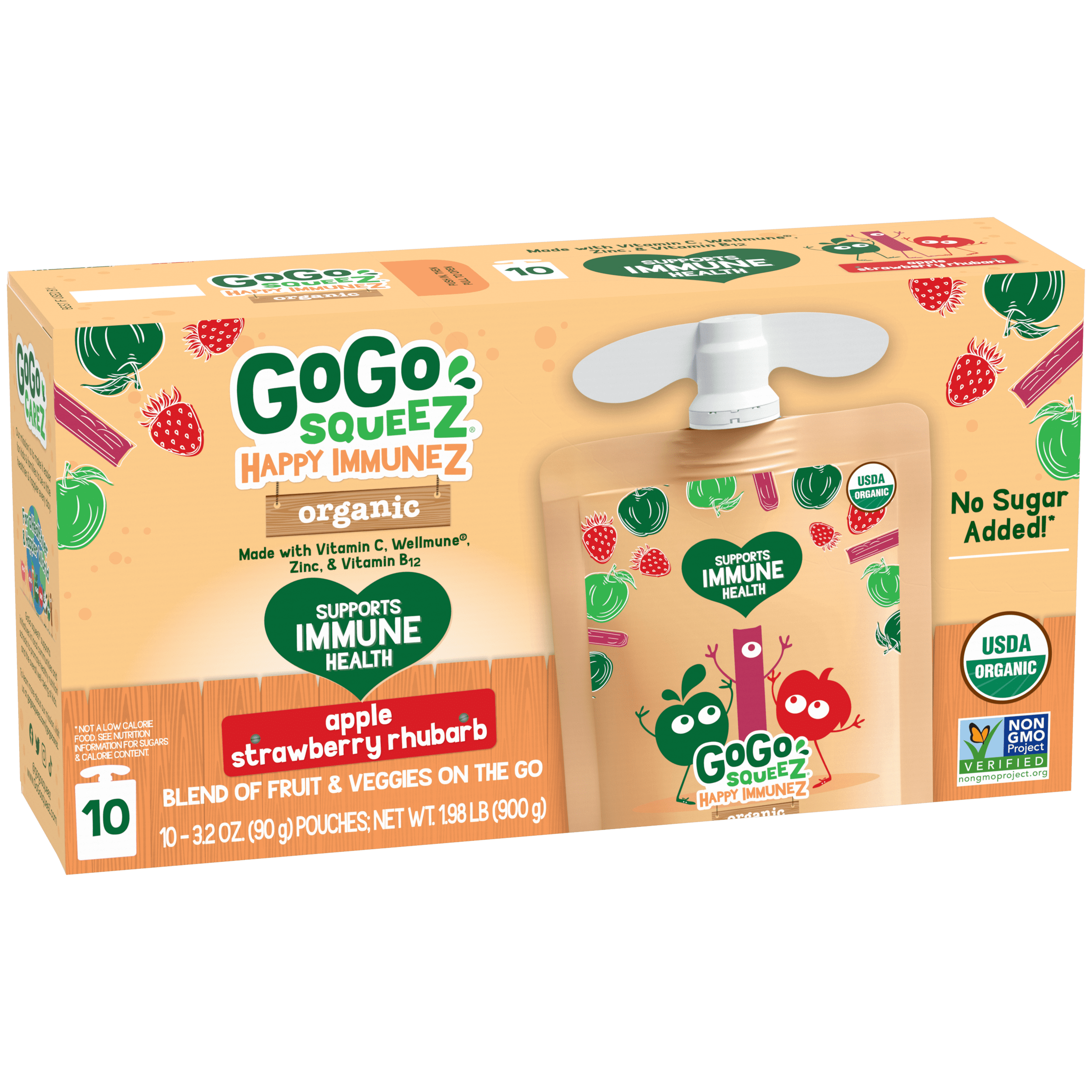 Gogo Squeez Pouches Happy ImmuneZ Organic Apple Strawberry Rhubarb 10 Pack Product Box