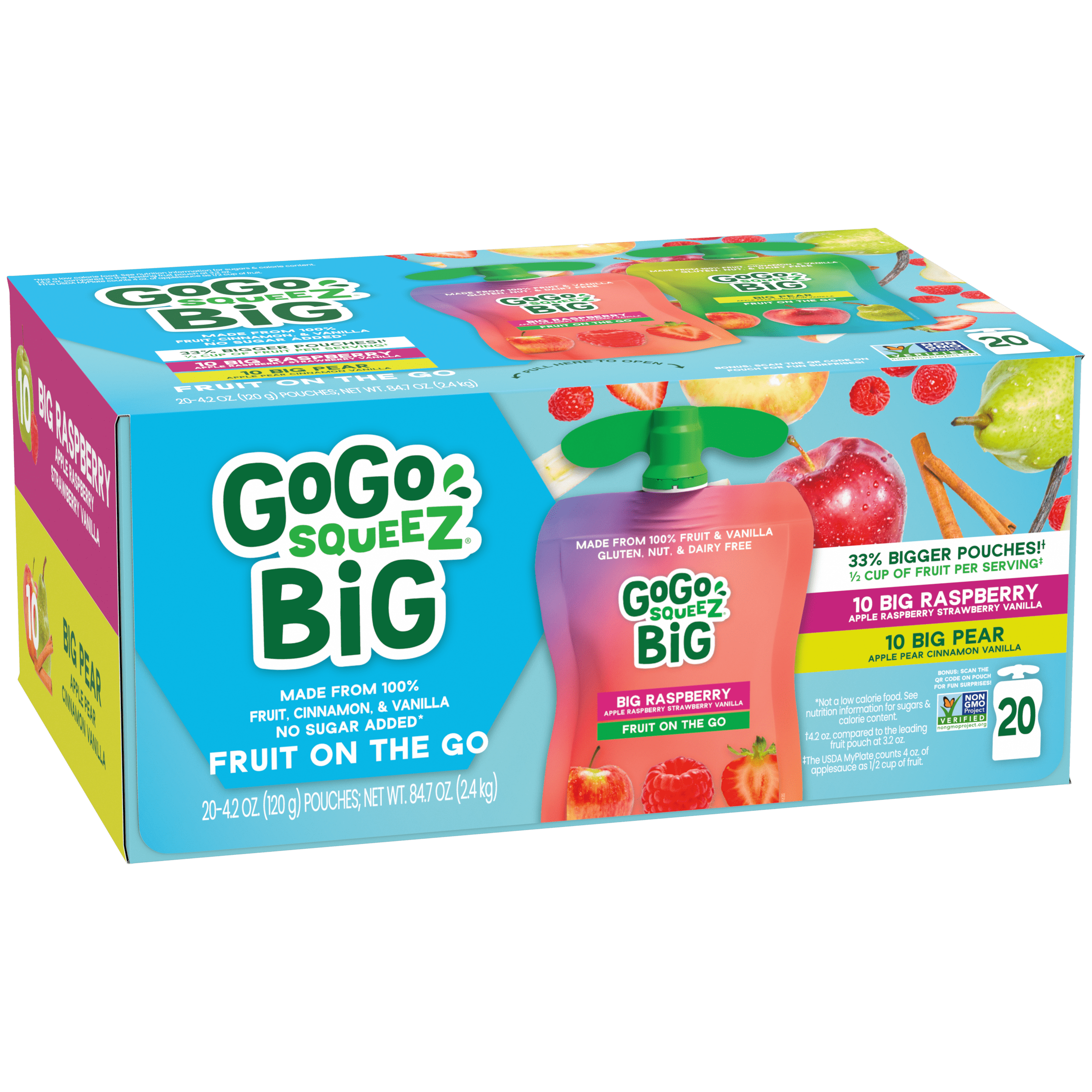 Gogo Squeez Pouches BIG squeeZ BIG Raspberry BIG Pear 20 Pack Variety Pack Box