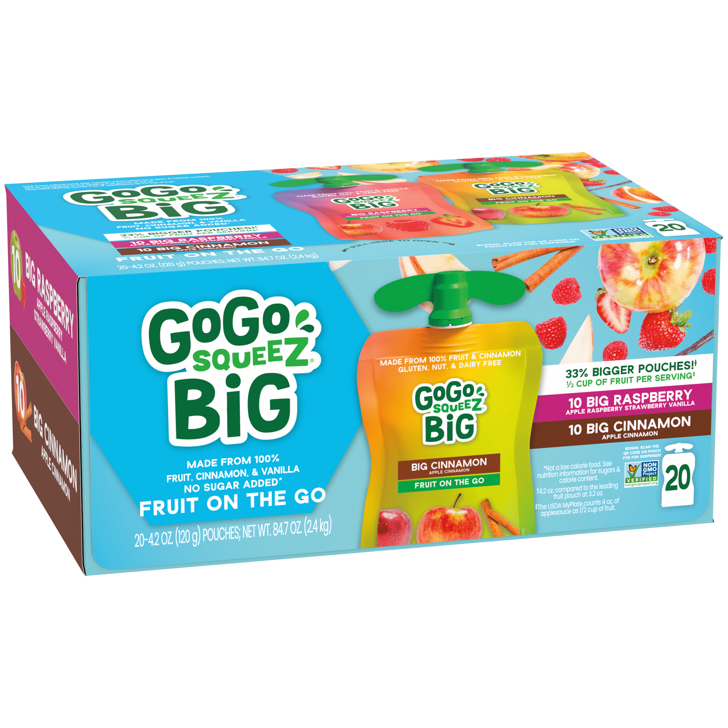 Gogo Squeez Pouches BIG squeeZ BIG Cinnamon & BIG Raspberry 20 Pack Variety Pack Box