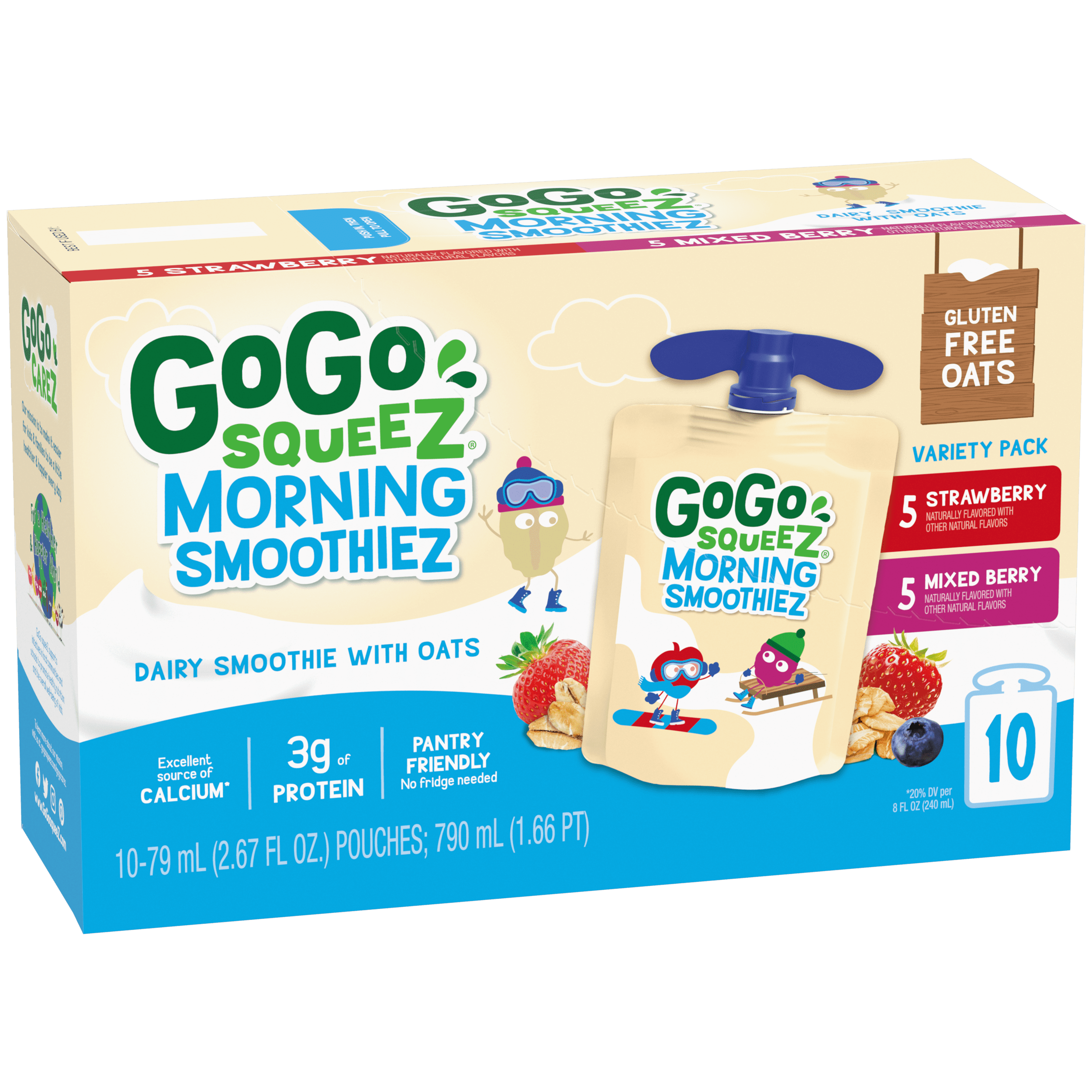 Gogo Squeez Pouches Morning SmoothieZ Strawberry & Mixed Berry 10 Pack Variety Pack Box