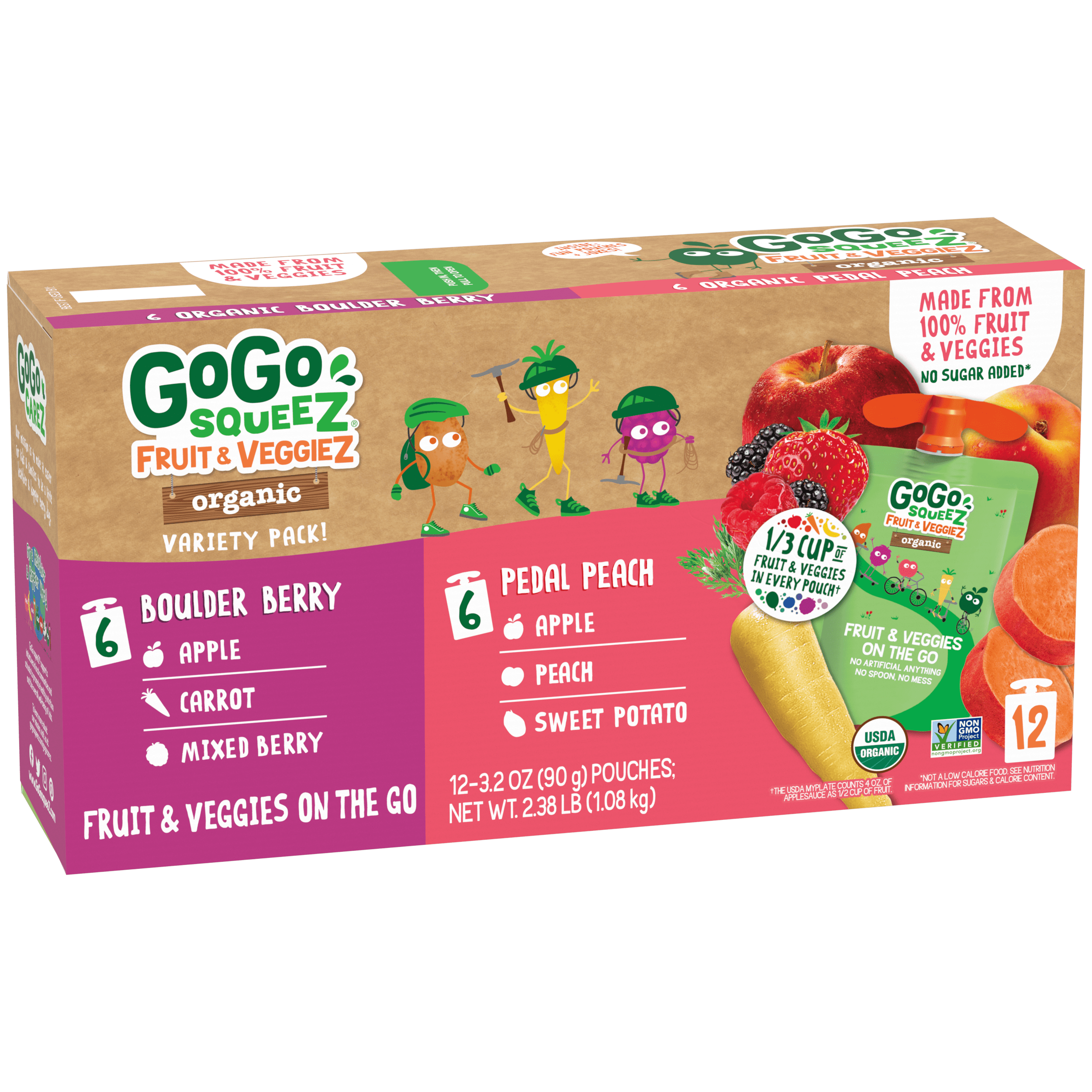 Gogo Squeez Pouches fruit & veggieZ Organic Boulder Berry & Pedal Peach 12 Pack Variety Pack Box