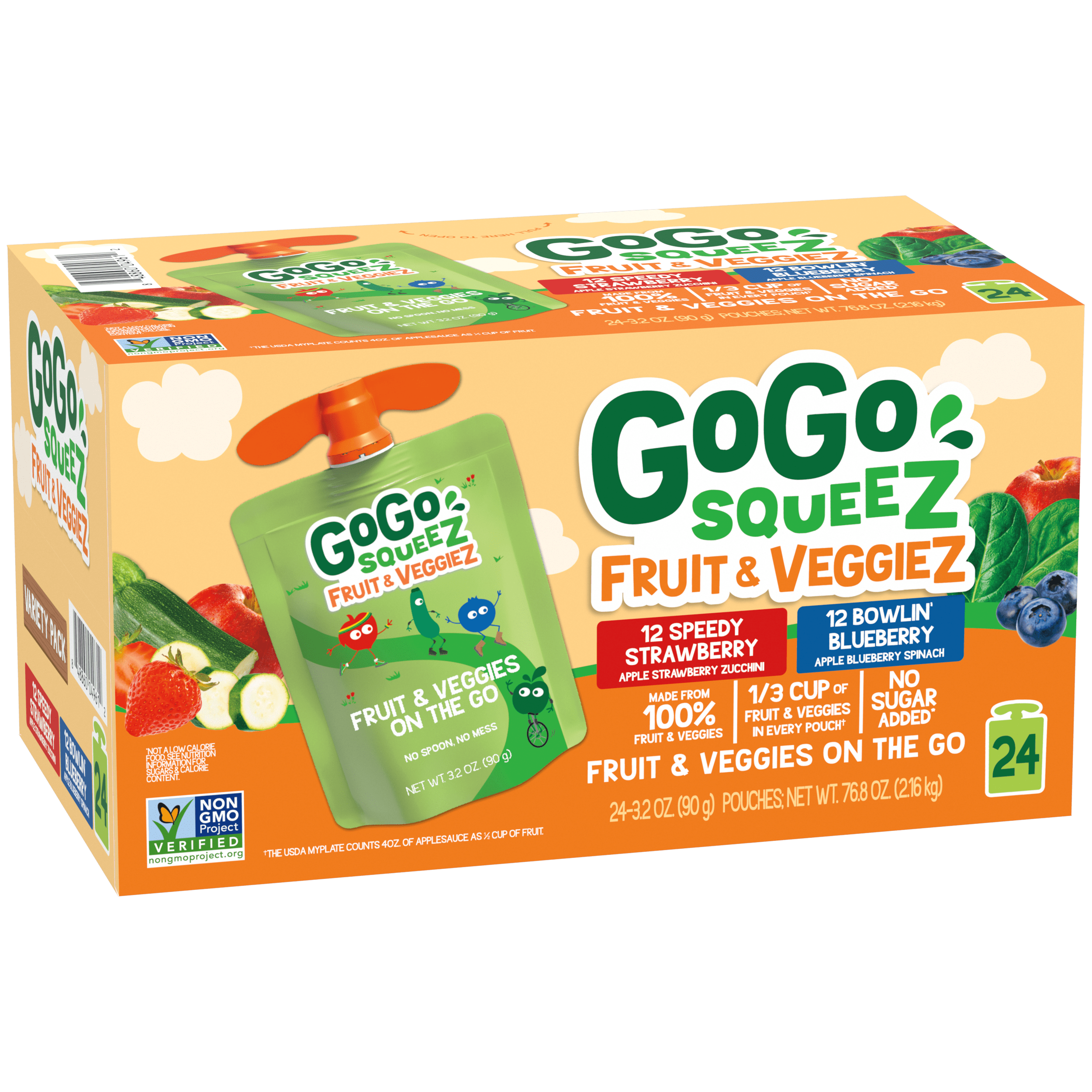 Gogo Squeez Pouches fruit & veggieZ Speedy Strawberry & Bowlin Blueberry 24 Pack Variety Pack Box