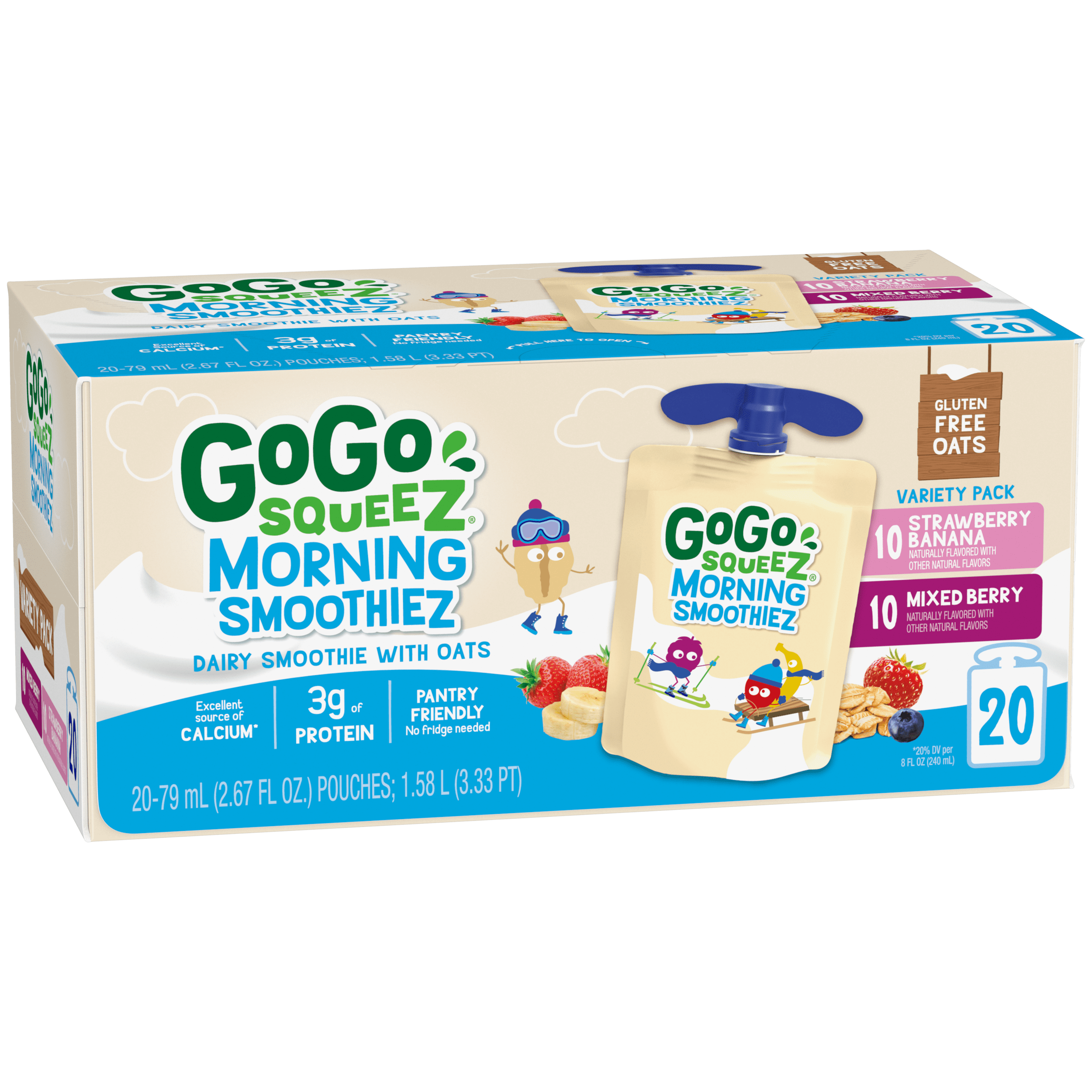 Gogo Squeez Pouches Morning SmoothieZ Strawberry Banana & Mixed Berry 20 Pack Variety Pack Box