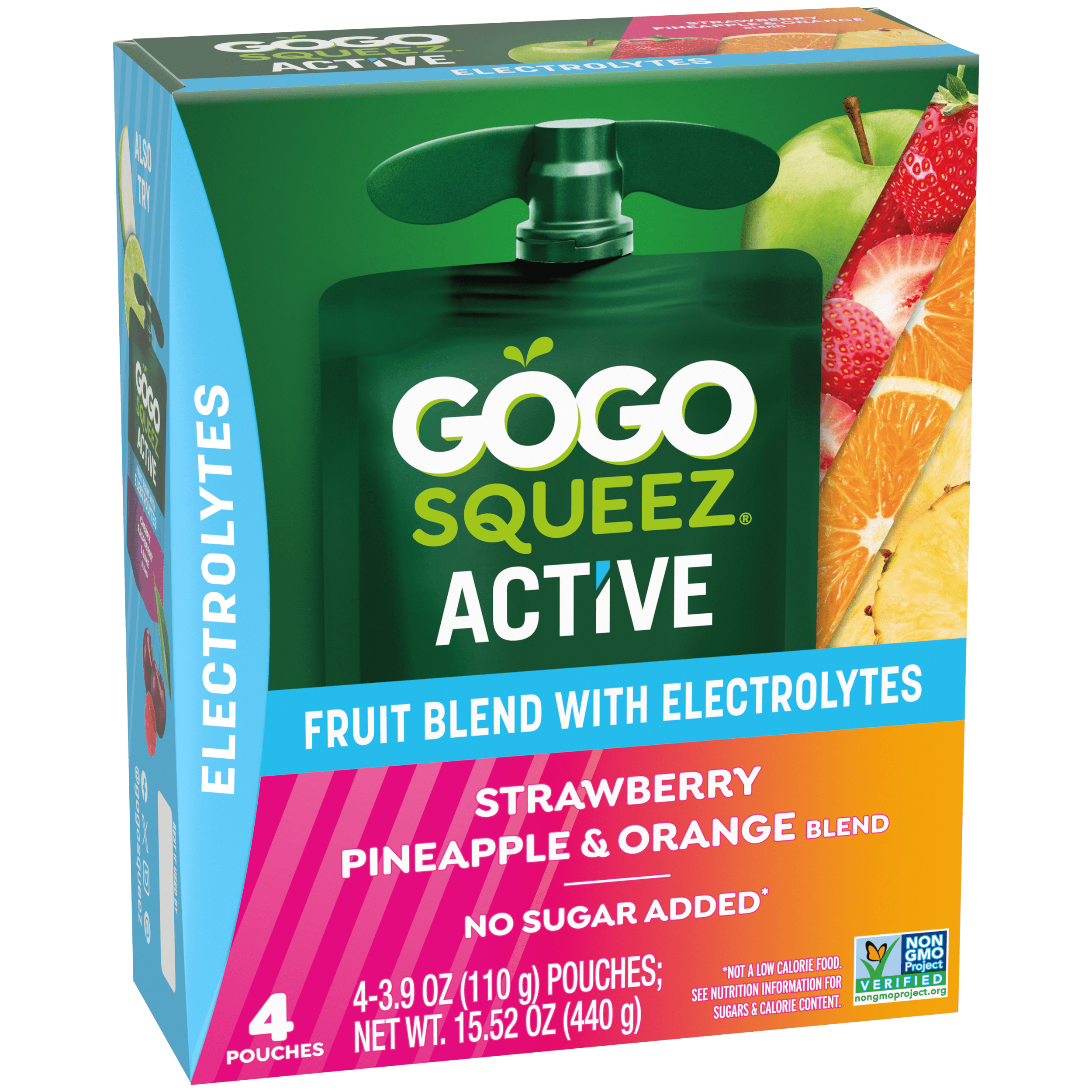 Gogo Squeez Active Fruit Blend With Electrolytes Strawberry, Pineapple & Orange 4 pack Product Box