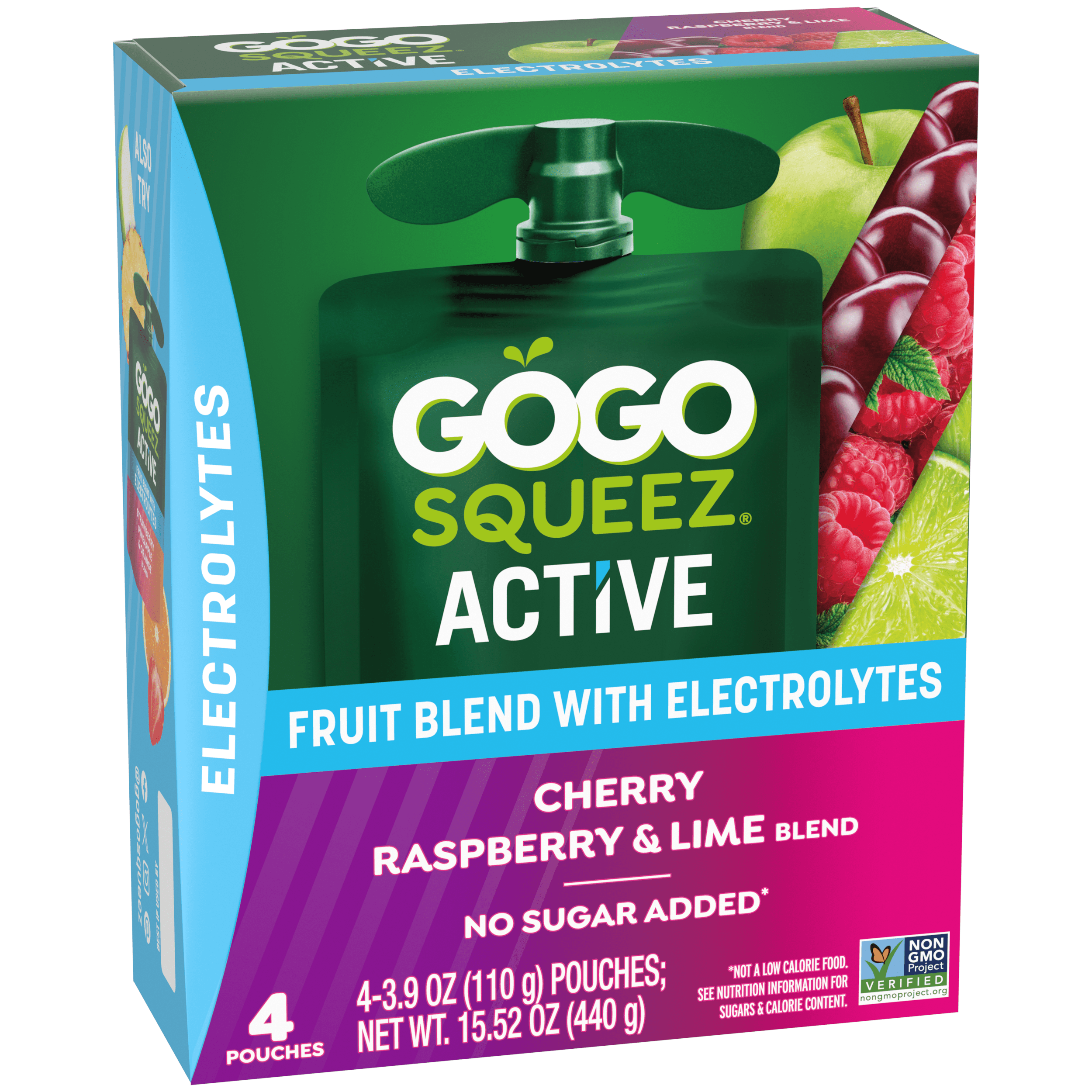 Gogo Squeez Active Fruit Blend With Electrolytes Cherry, Raspberry & Lime 4 pack Product Box