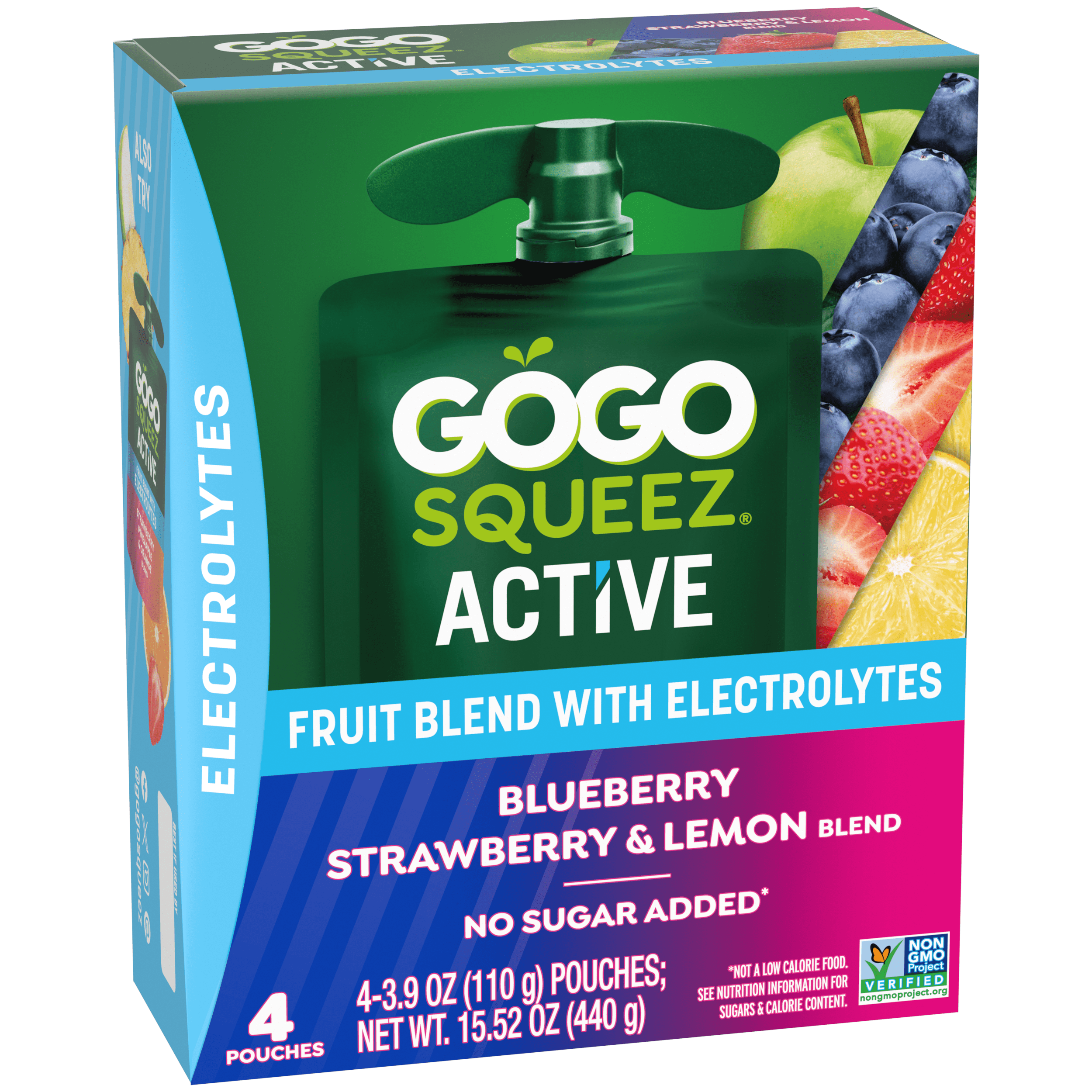 Gogo Squeez Active Fruit Blend With Electrolytes Blueberry, Strawberry & Lemon 4 pack Product Box