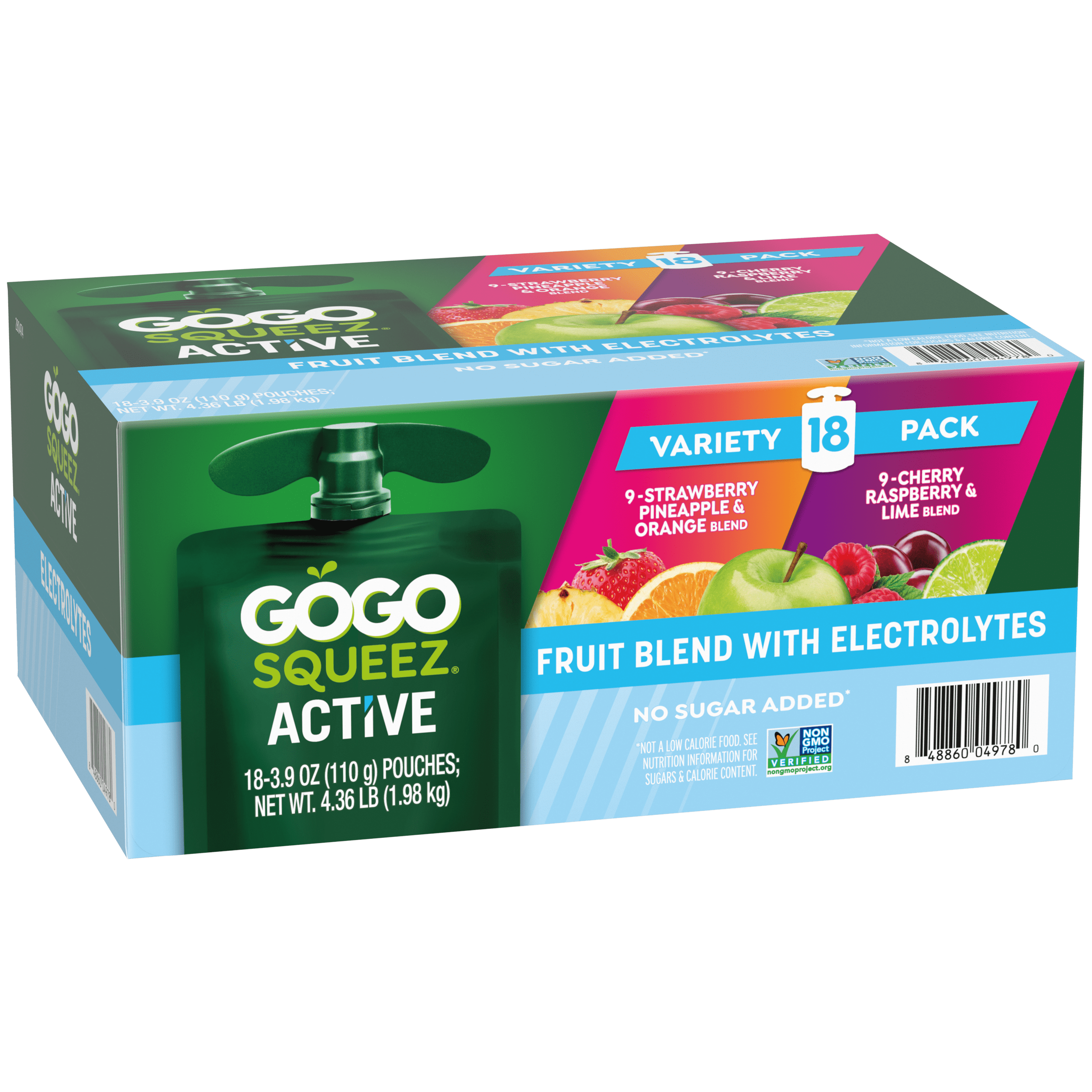 Gogo Squeez Active Fruit Blend With Electrolytes Strawberry, Pineapple & Orange; Cherry, Raspberry & Lime 18 Pack Product Box