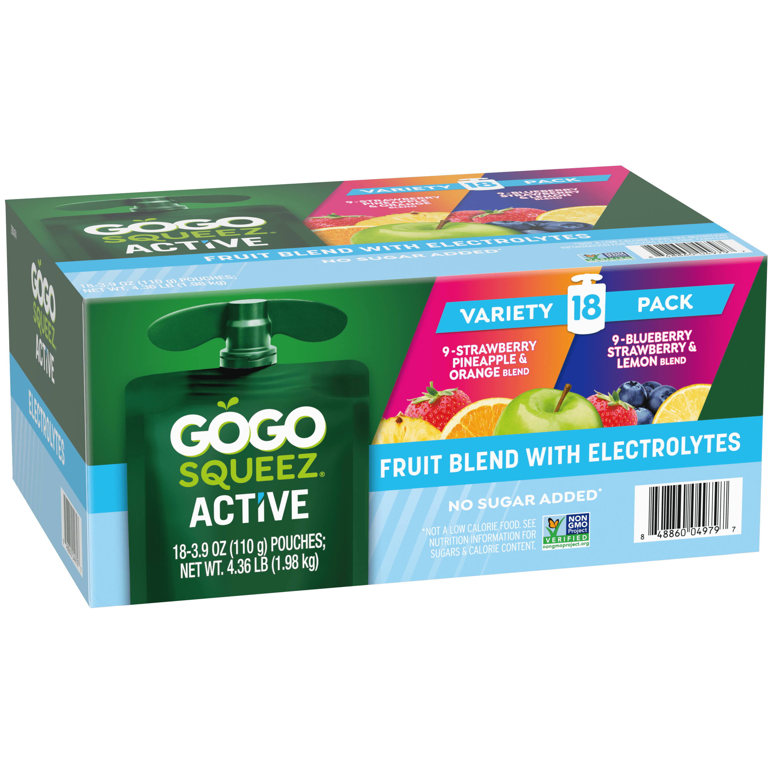 Gogo Squeez Active Fruit Blend With Electrolytes Strawberry, Pineapple & Orange; Blueberry, Strawberry & Lemon 18 Pack Product Box