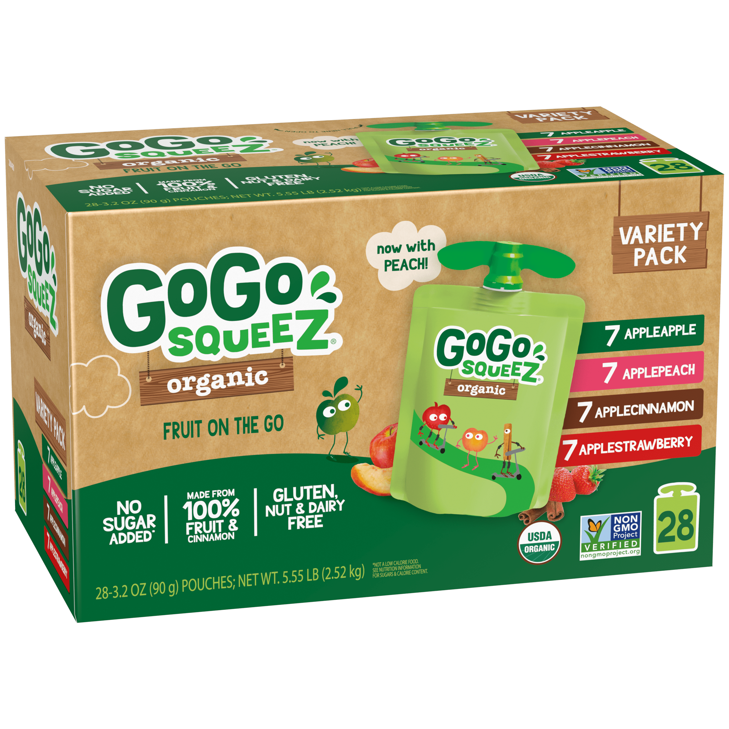 Gogo Squeez Pouches Fruit Blend Snack Organic Apple Strawberry; Apple Apple; Apple Peach; Apple Cinnamon 28 Pack Variety Pack Box