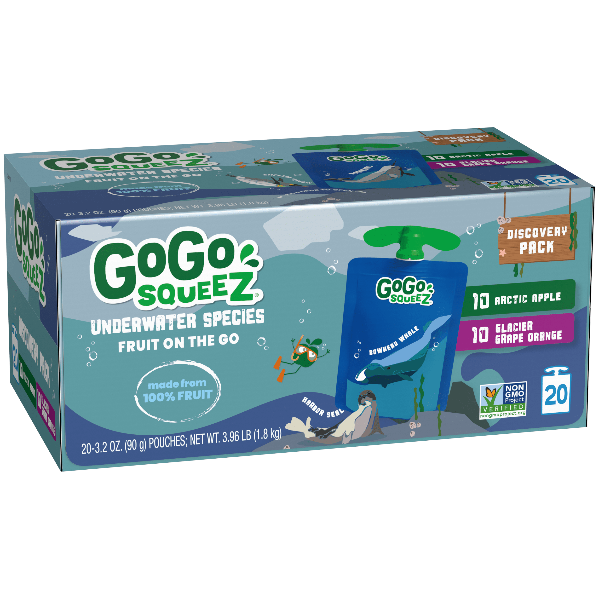 Gogo Squeez Pouches Arctic Explorers Arctic Apple; Glacier Grape Orange 20 Pack Variety Pack Box
