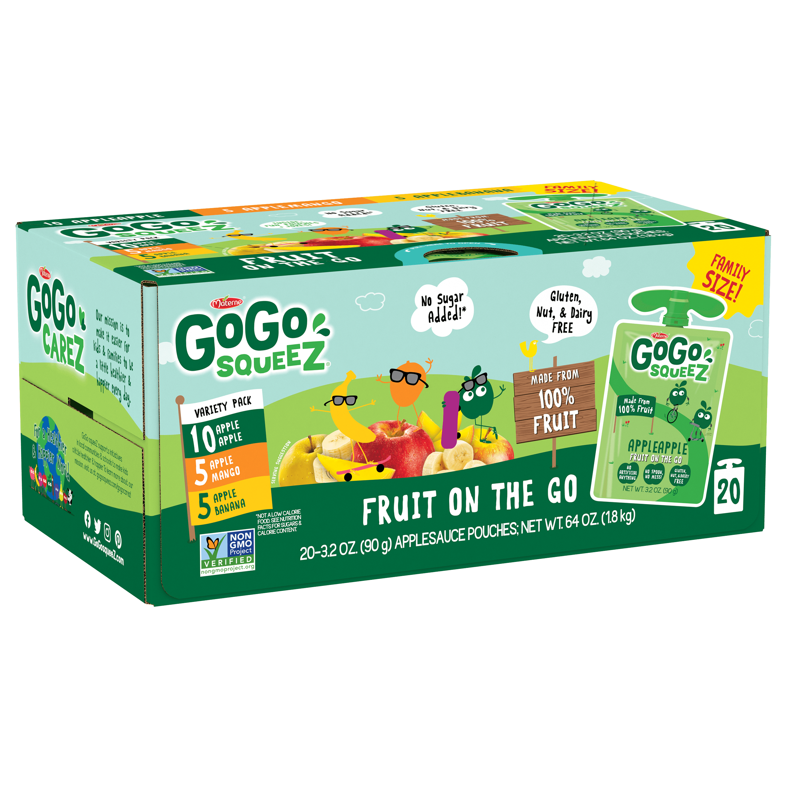 Gogo Squeez Pouches Fruit Blend Snack Apple Apple, Apple Mango & Apple Banana 20 Pack Variety Pack Box