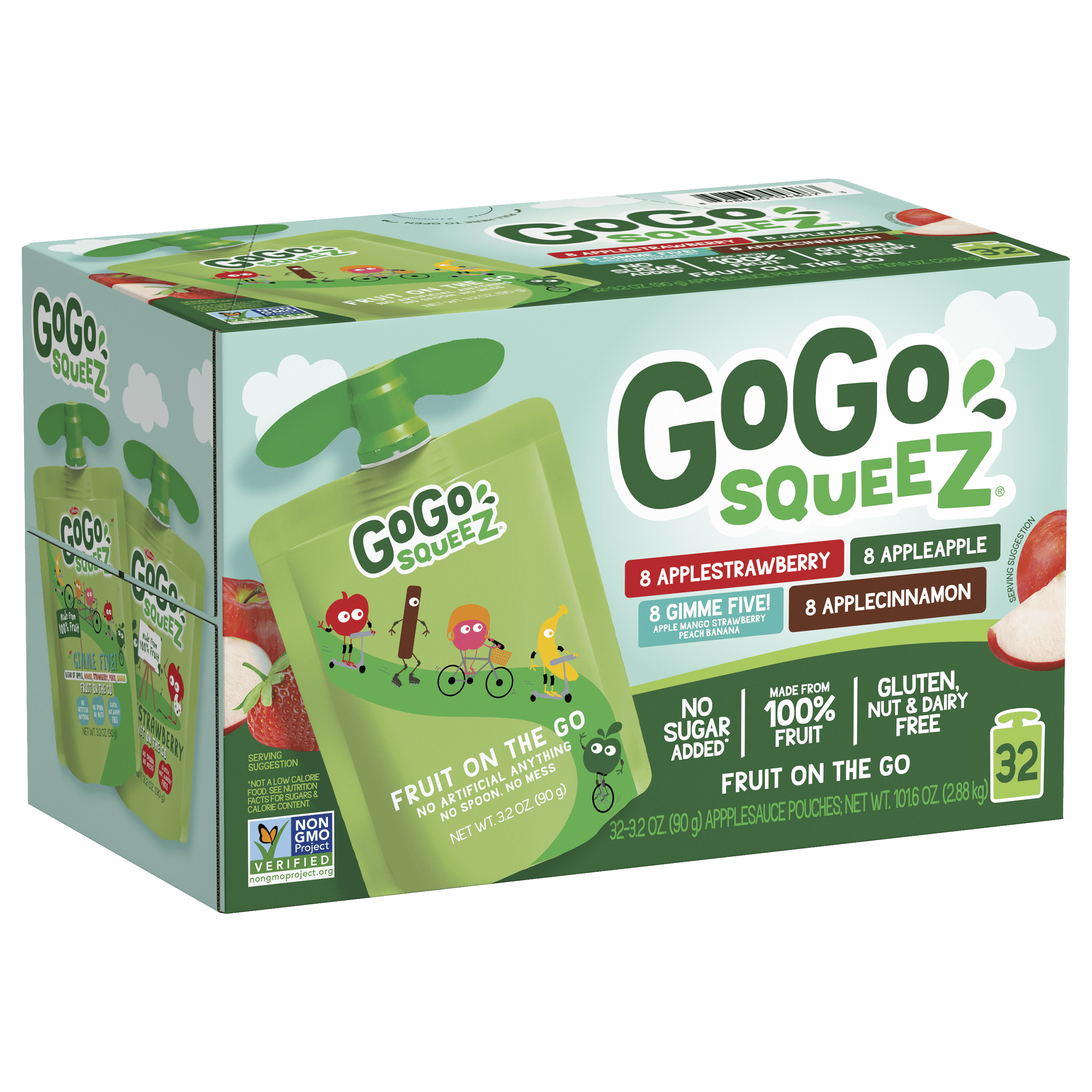 Gogo Squeez Pouches Fruit Blend Snack Apple Strawberry; Apple Apple; Apple Cinnamon; Gimme 5 32 Pack Variety Pack Box