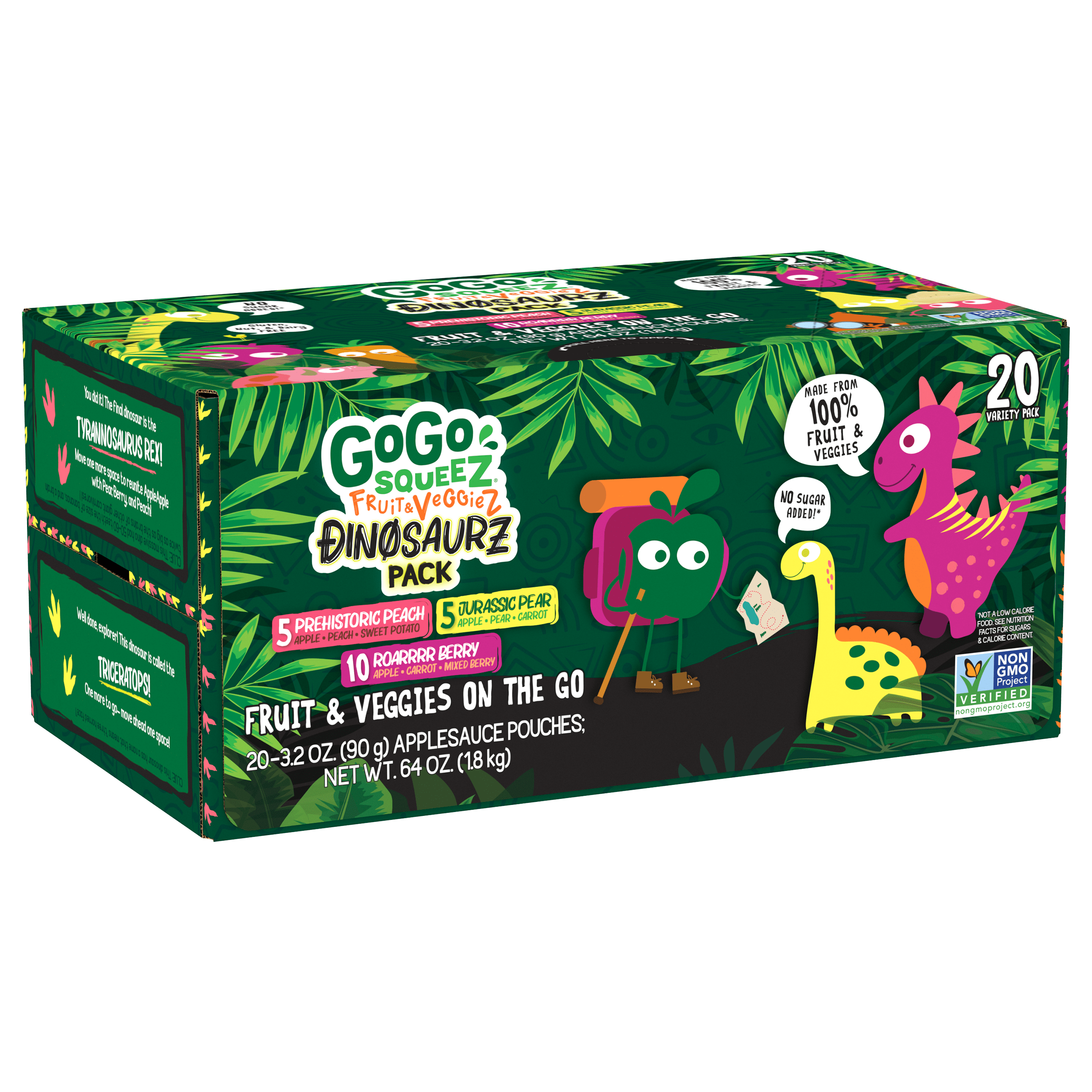 Gogo Squeez Pouches fruit & veggieZ DinosaurZ Prehistoric Peach, Jurassic Pear & Roarrrr Berry 20 Pack Variety Pack Box