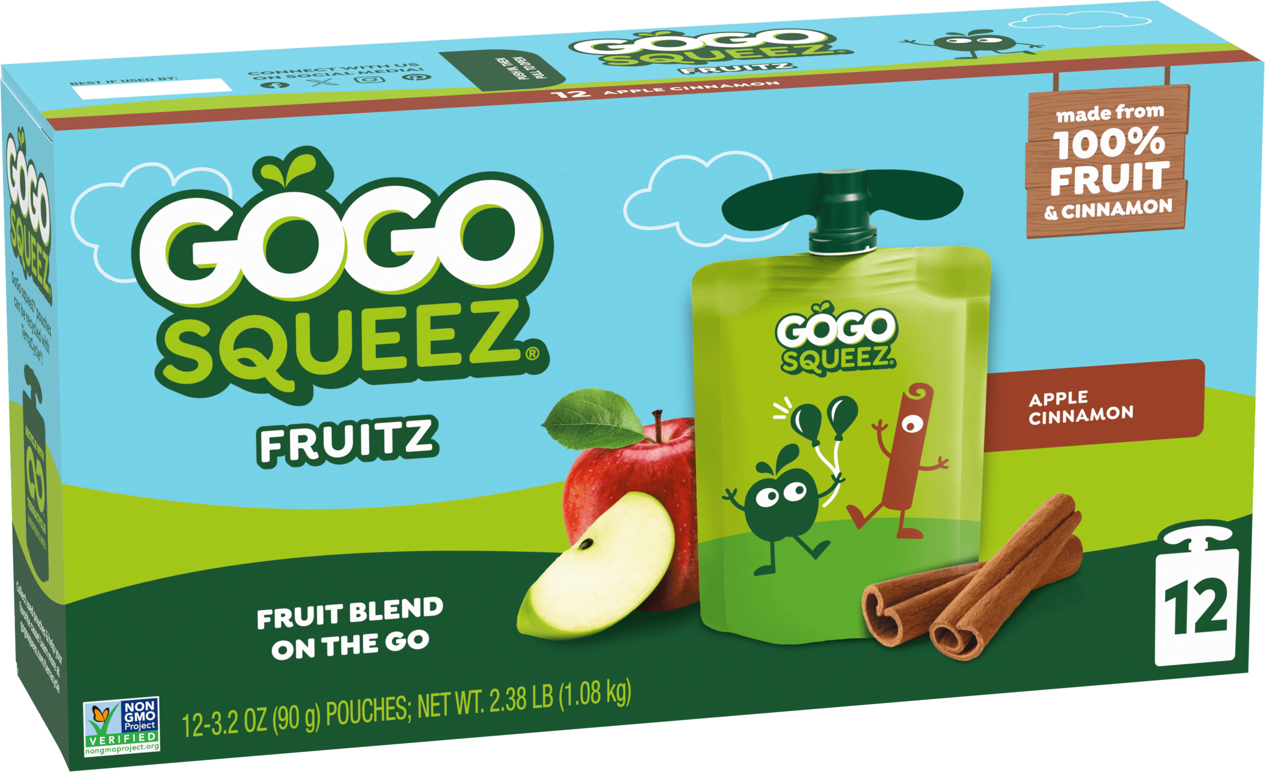 Gogo Squeez Pouches Fruit Blend Snack Apple Cinnamon Applesauce 12 pack Product Box