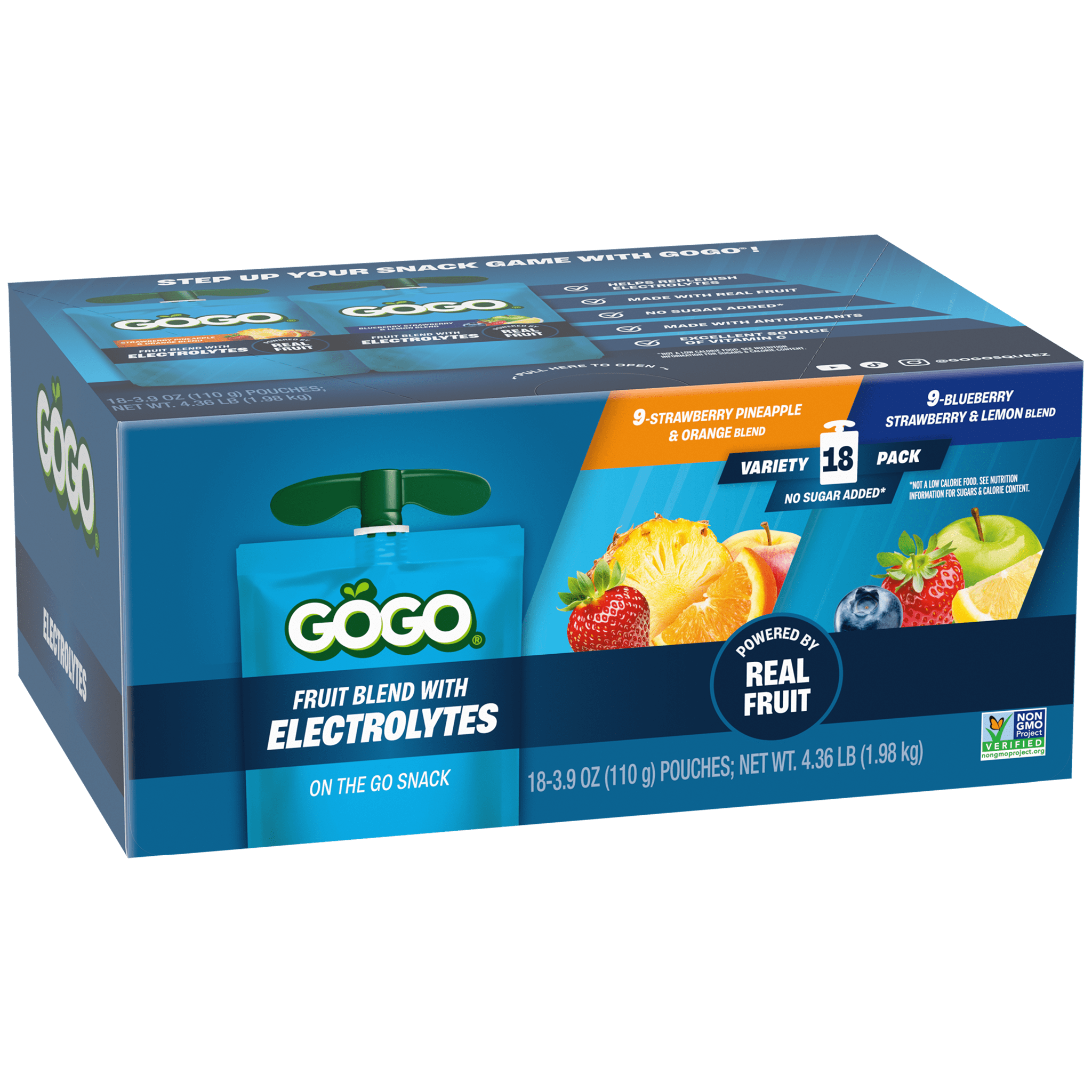 GoGo® Electrolytes Variety Pack Strawberry Pineapple & Orange, Blueberry Strawberry & Lemon 18 Pack