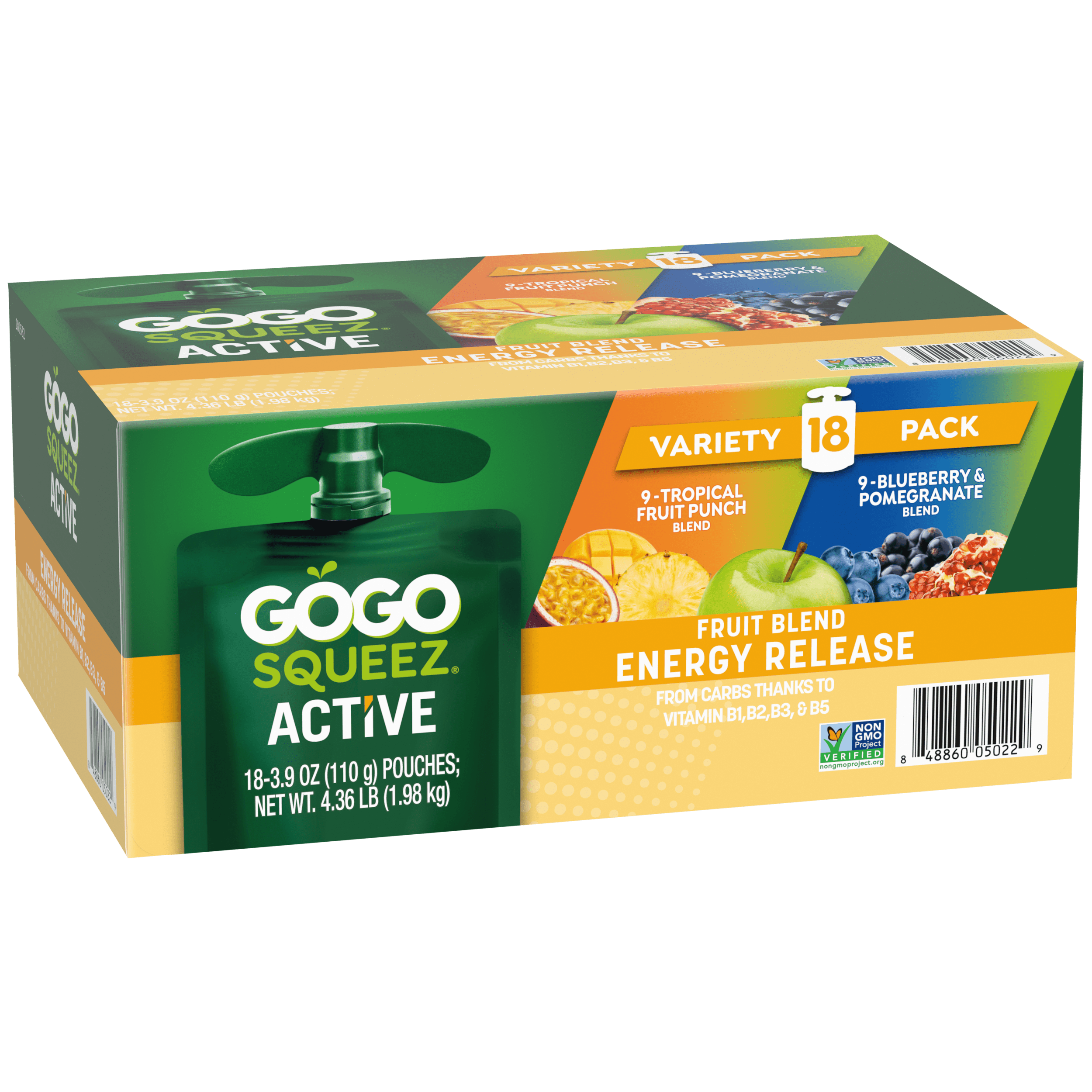 GoGo Squeez Active Fruit Blend -- Energy Release with B Vitamins Variety Pack 18 count Product Box