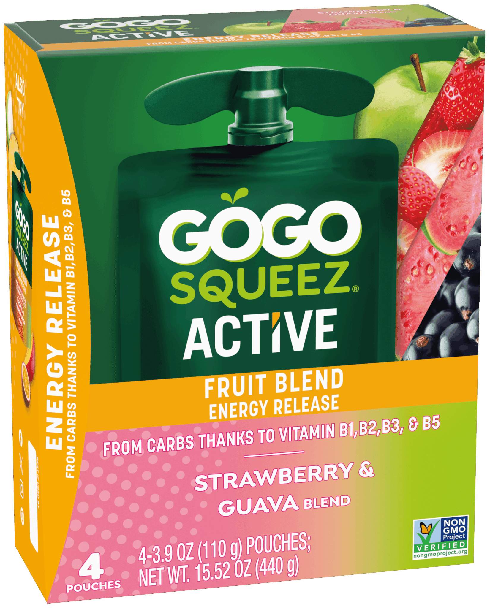 GoGo Squeez Active Fruit Blend -- Energy Release with B Vitamins: Strawberry Guava flavor 4 count product box
