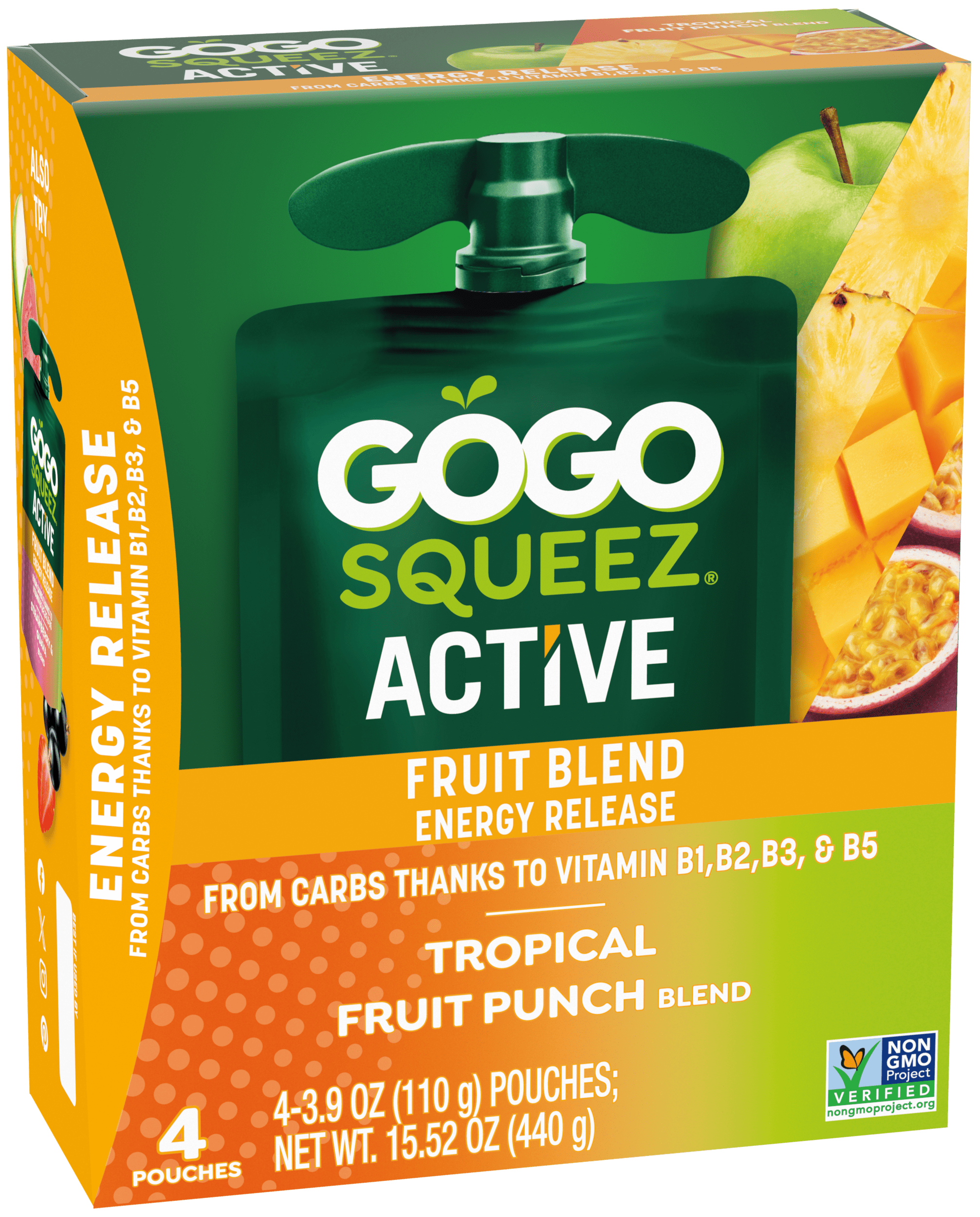GoGo Squeez Active Fruit Blend -- Energy Release with B Vitamins: Tropical Fruit Punch flavor 4 count product box