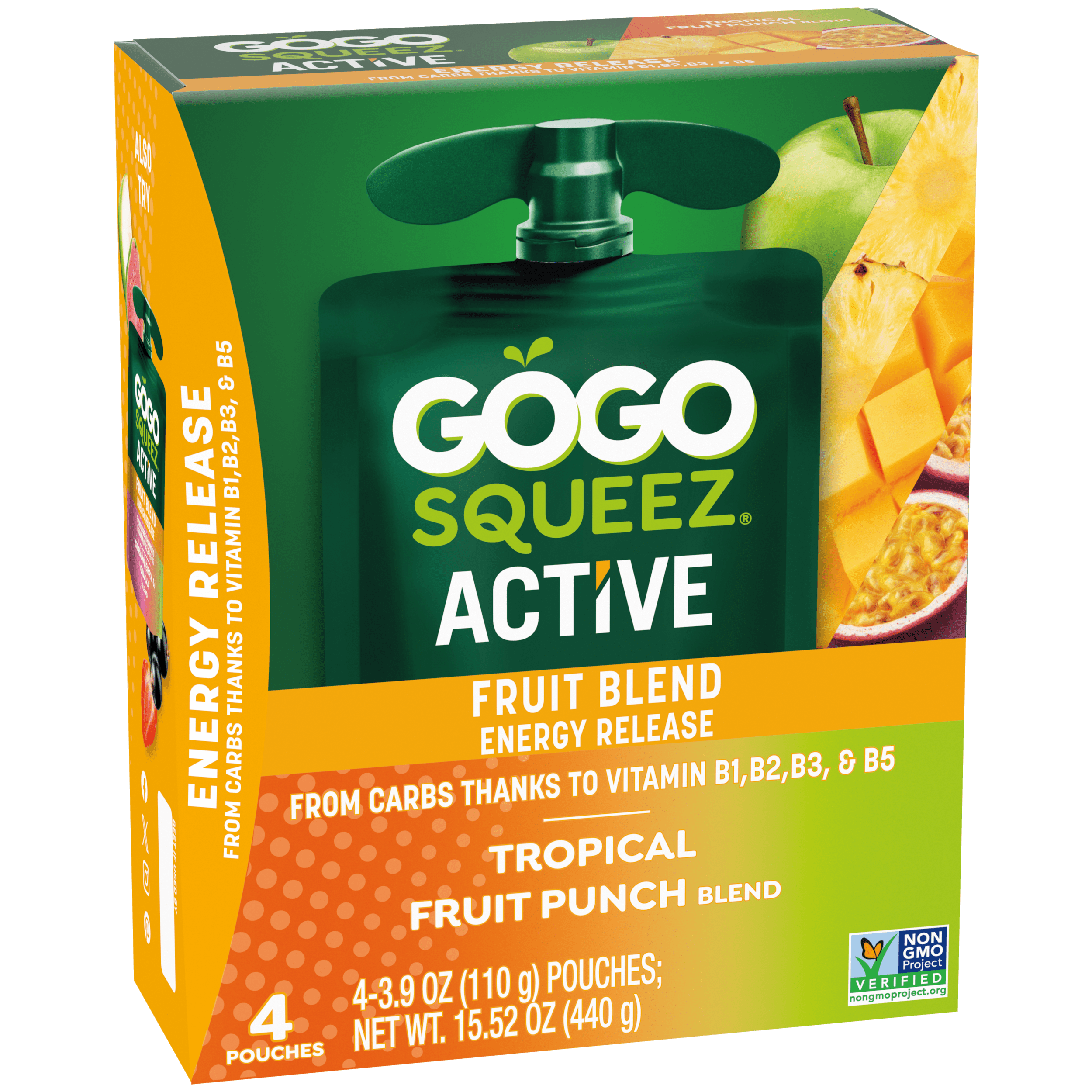 GoGo Squeez Active Fruit Blend -- Energy Release with B Vitamins: Tropical Fruit Punch flavor 4 count product box
