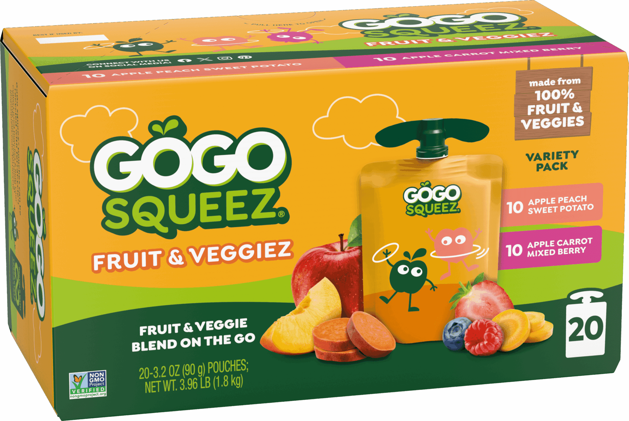 GoGo SqueeZ Veggiez Apple Carrot Mixed Berry & Apple Peach Sweet Potato 20CT product box