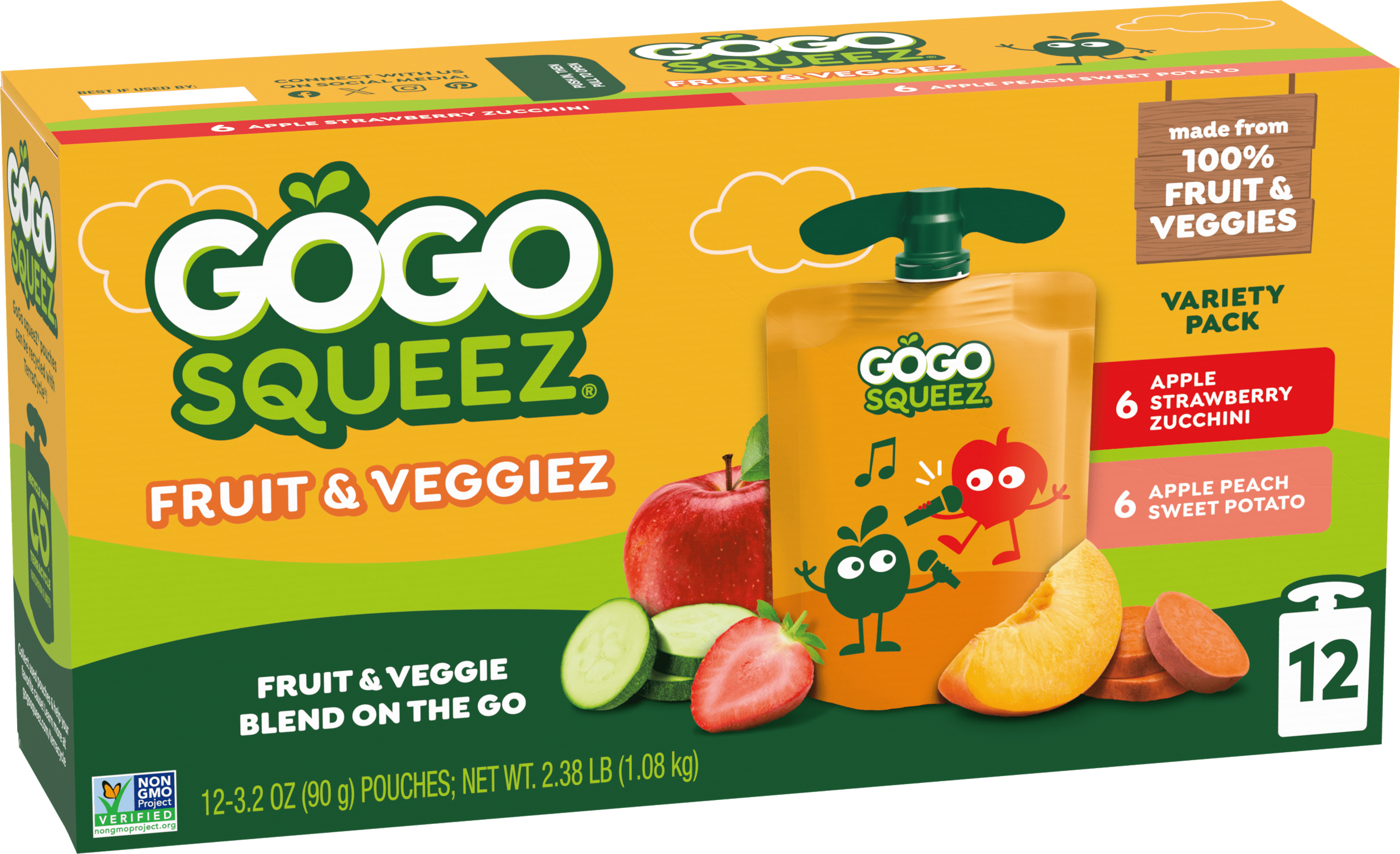 GoGo SqueeZ Veggiez: Apple Peach Sweet Potato & Apple Strawberry Zucchini 12 count product box