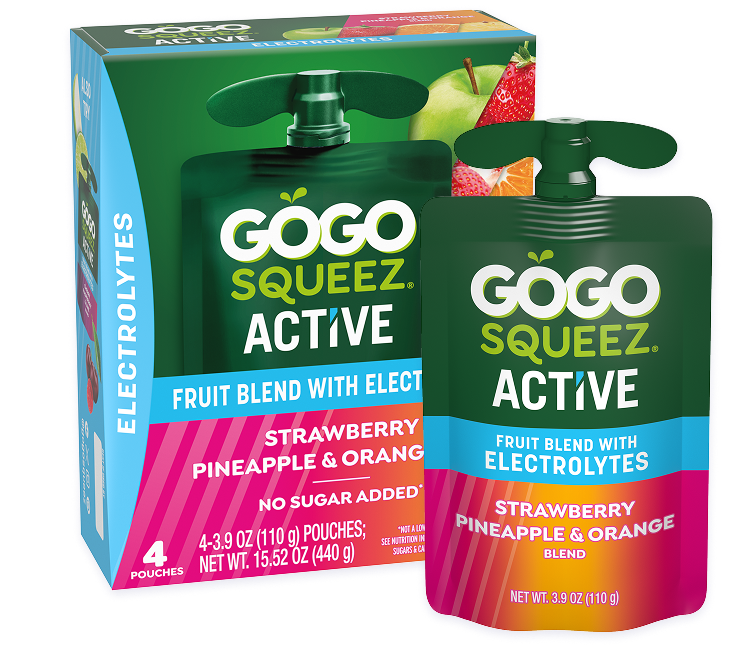 GoGo Squeez Active Fruit Blend Applesauce With Electrolytes Pouches (strawberry pineapple orange) product with box