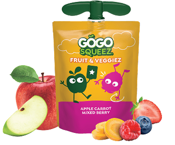 GoGo Squeez Fruit & VeggieZ Apple Carrot Mixed Berry Applesauce Pouch with new logo