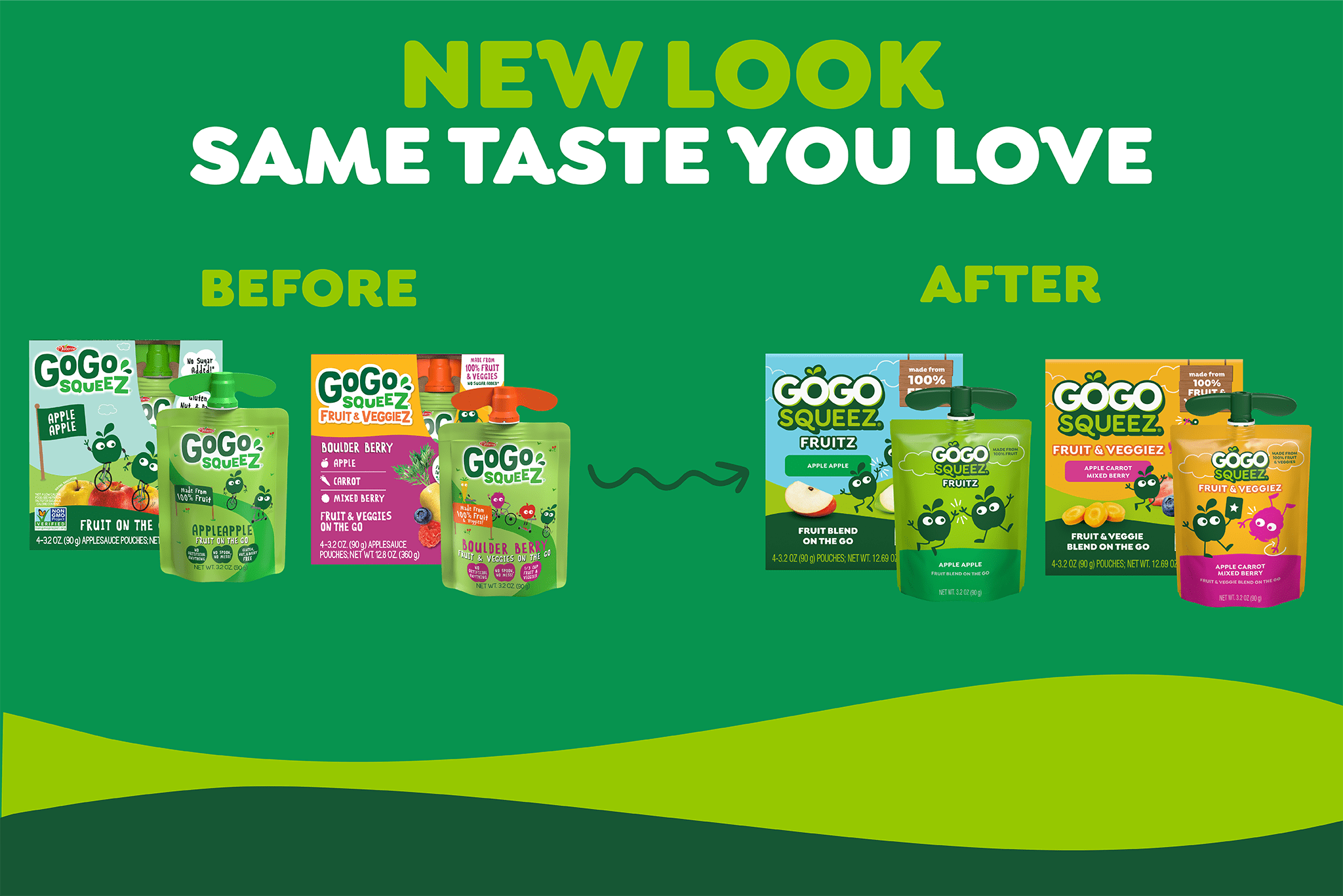 Blog_Before&After Glow Up GoGo squeeZ product packaging before and after images featuring FRUITZ and FRUIT & VEGGIEZ products.